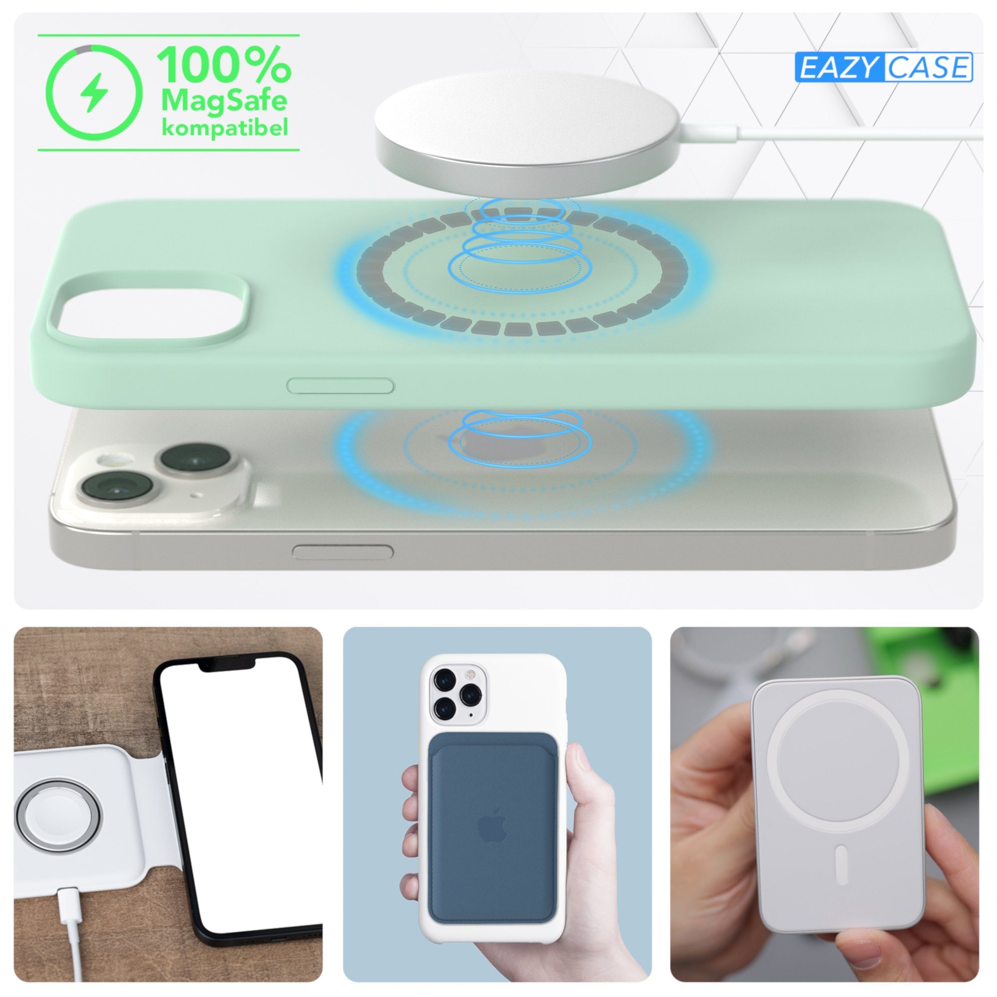 EAZY CASE Handyhülle Silikonhülle mit MagSafe für Apple iPhone 14 Plus 6,7 Zoll, Silikon Schutzhülle mit Kameraschutz TPU Hülle Slimcover Mint Grün
