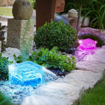 etc-shop Gartenleuchte, LED-Leuchtmittel fest verbaut, Farbwechsel, 2er Set RGB LED Solar Leuchten Farbwechsel bunt Eis Würfel