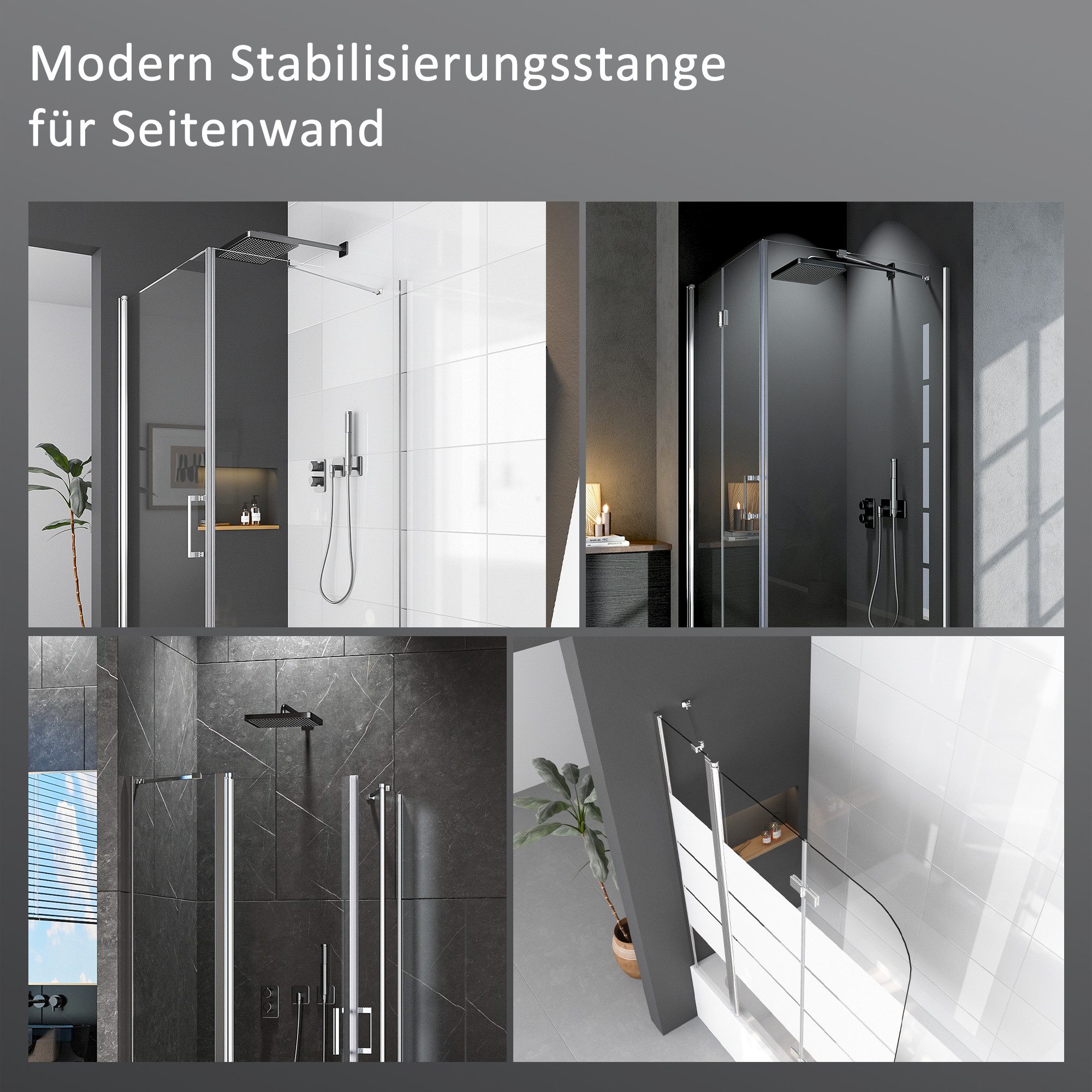 Boromal Duschwand-Stabilisationsstange für 4-8mm haltestange duschwand 50cm 180° Drehbar, (Stabilisator, rechteckig), für Walk In Duschwand Duschabtrennung Duschkabinen