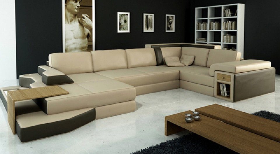 JVmoebel Ecksofa Design Sofa U Form Leder Wohnlandschaft Couch Polster Sitz, Made in Europe Beige/Schwarz