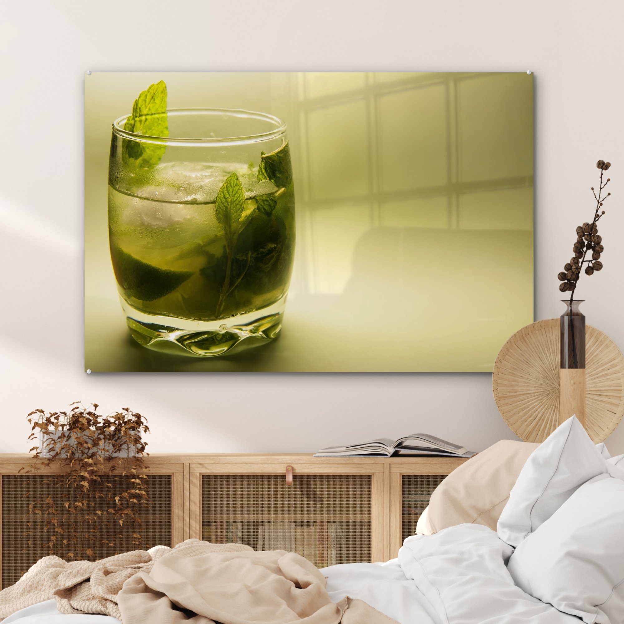 Wohnzimmer grünem St), MuchoWow Hintergrund, Acrylglasbilder Acrylglasbild & (1 auf Mojito-Cocktail Schlafzimmer