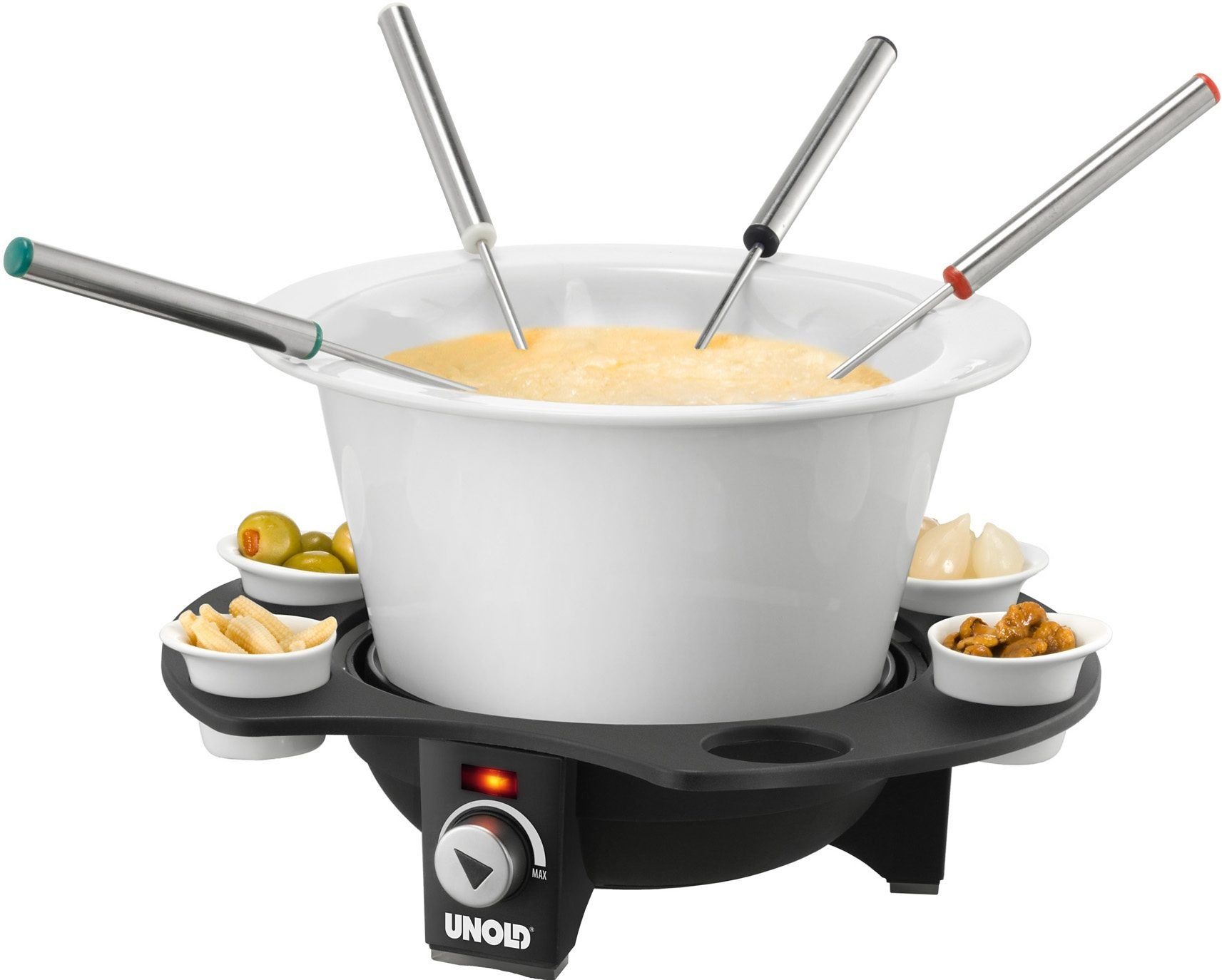 Unold Elektro-Fondue Élégance 48645, 8 Fonduegabeln, 1,5 l, mit sechs Saucen-Töpfchen