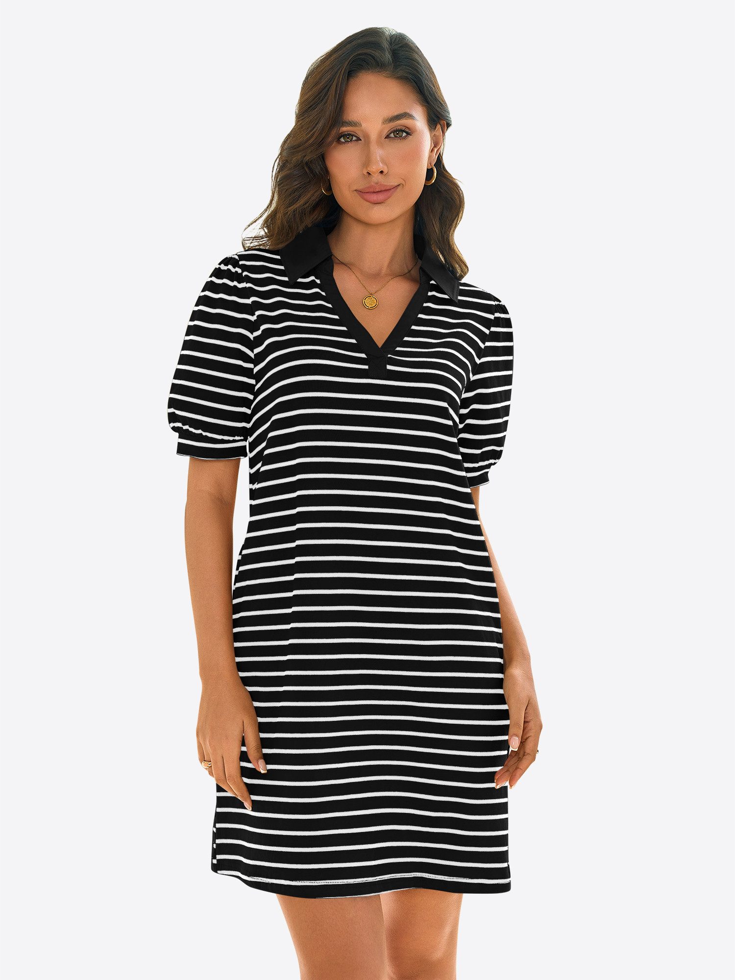 Imily Bela Blusenkleid Streifenkleid mit Puffärmel (Packung, 1-tlg., 1per-Pack) V-Ausschnitt