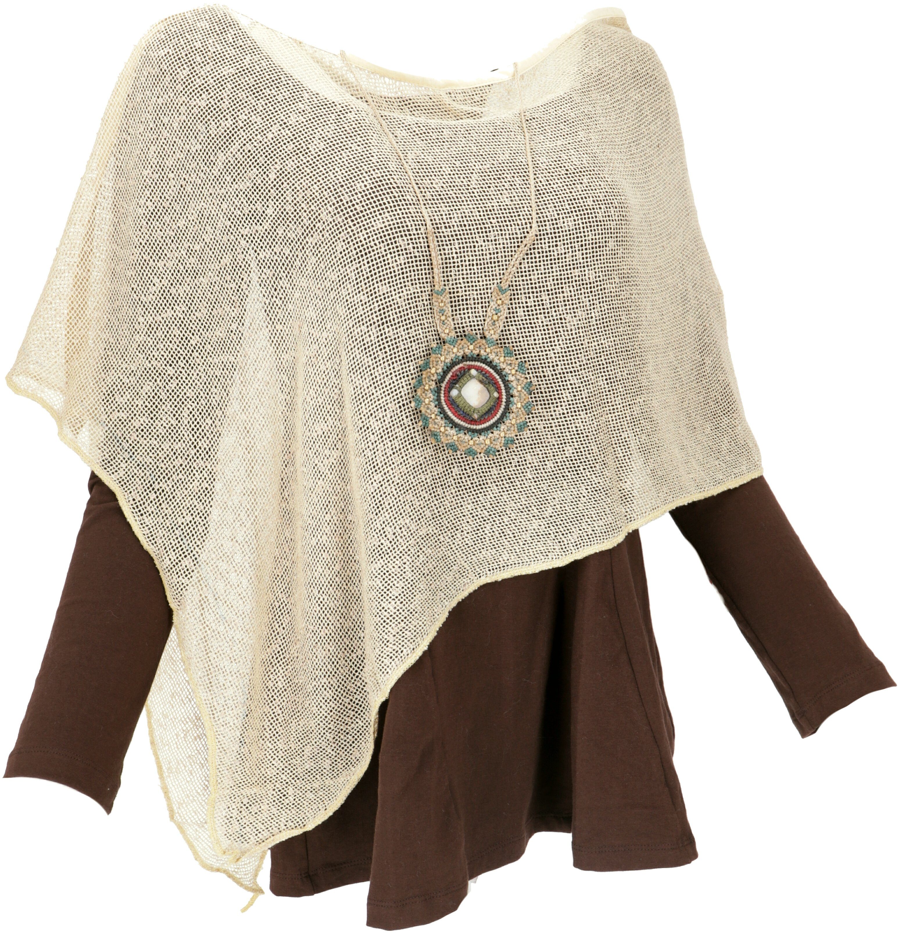 Guru-Shop Sommerponcho, beige Poncho, Festival Poncho, Langjacke Goa Pixi..