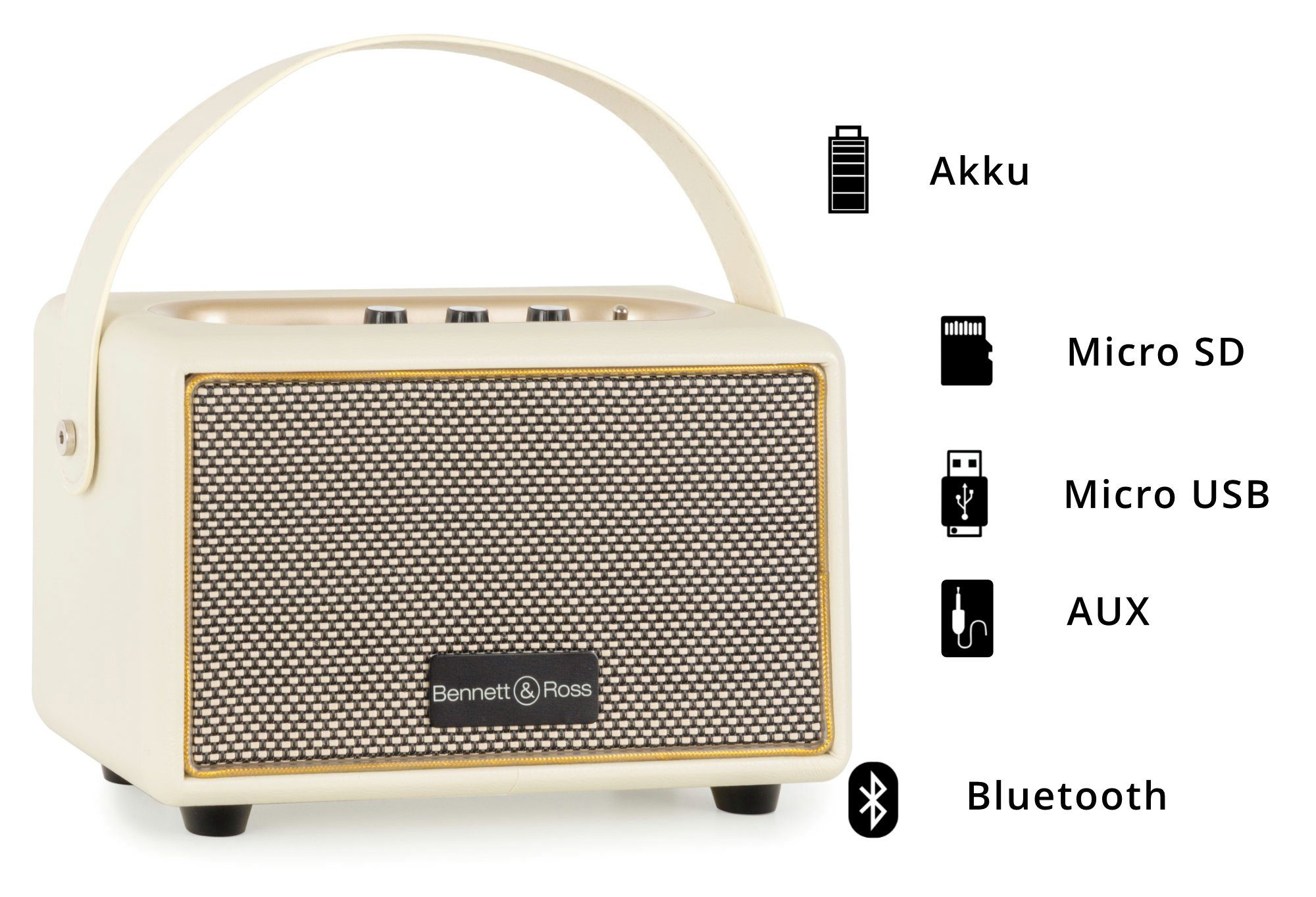 Bennett & Ross BB-820 Blackmore Junior Bluetooth-Lautsprecher mit in 5200 Lederoptik mAh Creme-Weiß Speaker W, (20 Retro Akku)