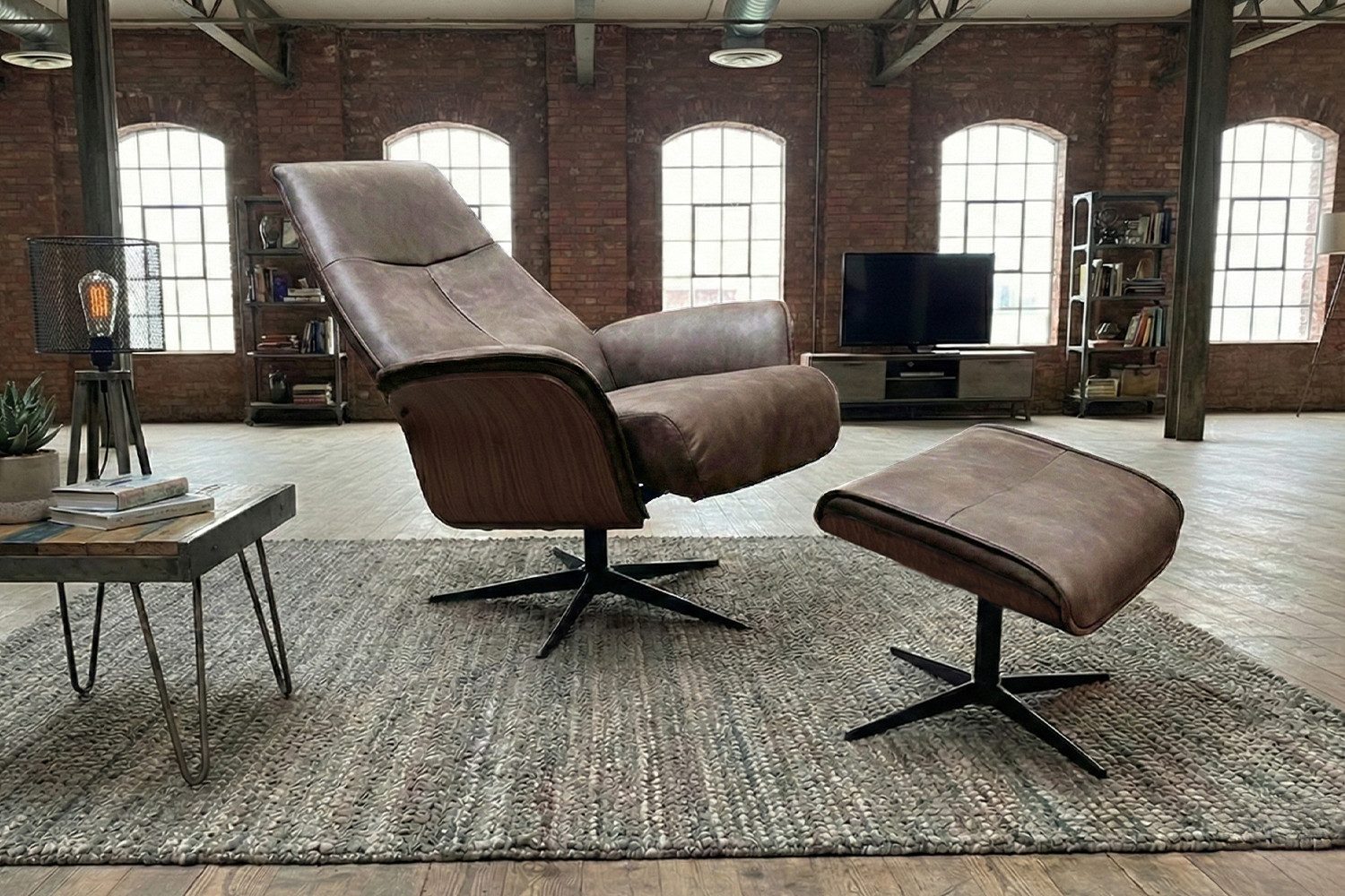 KAWOLA Relaxsessel FERREIRA Lederfaserstoff anthrazit Komfort Drehsessel, 360° drehbar, Relaxfunktion, Kopfstütze, inklusive Fußhocker – Bild 2 von 5