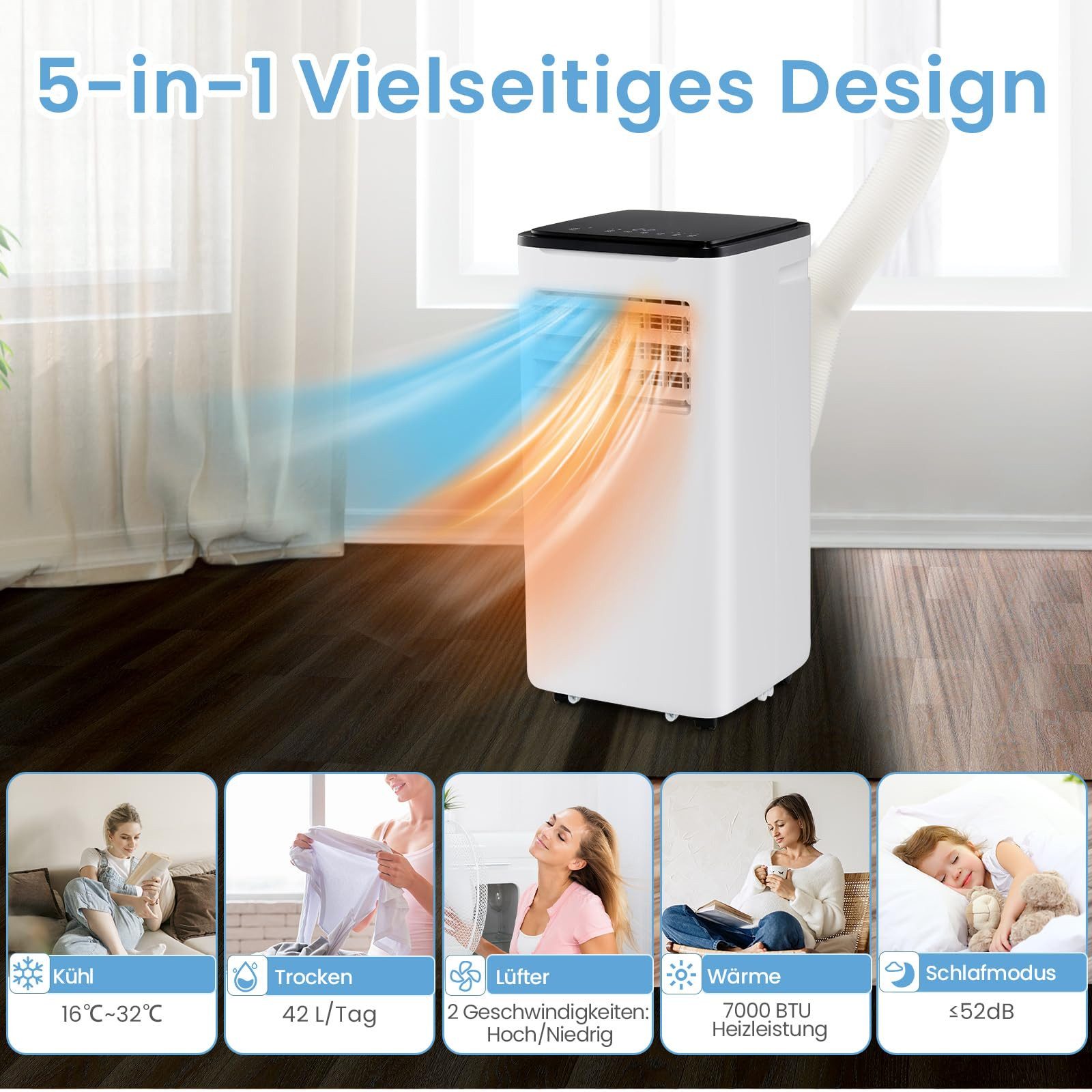 COSTWAY 4-in-1-Klimagerät, 9000BTU Klimaanlage bis 60m³, 42L/Tag, mit APP