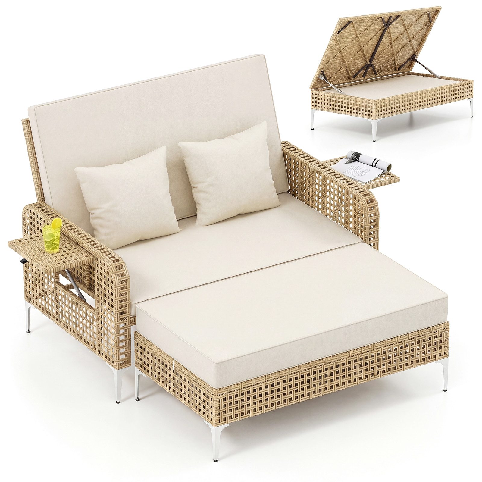 COSTWAY Loungebett, 2 Teile, Gartenliege mit Auflage, verstellbarer Rückenlehne, Stauraum Rattan