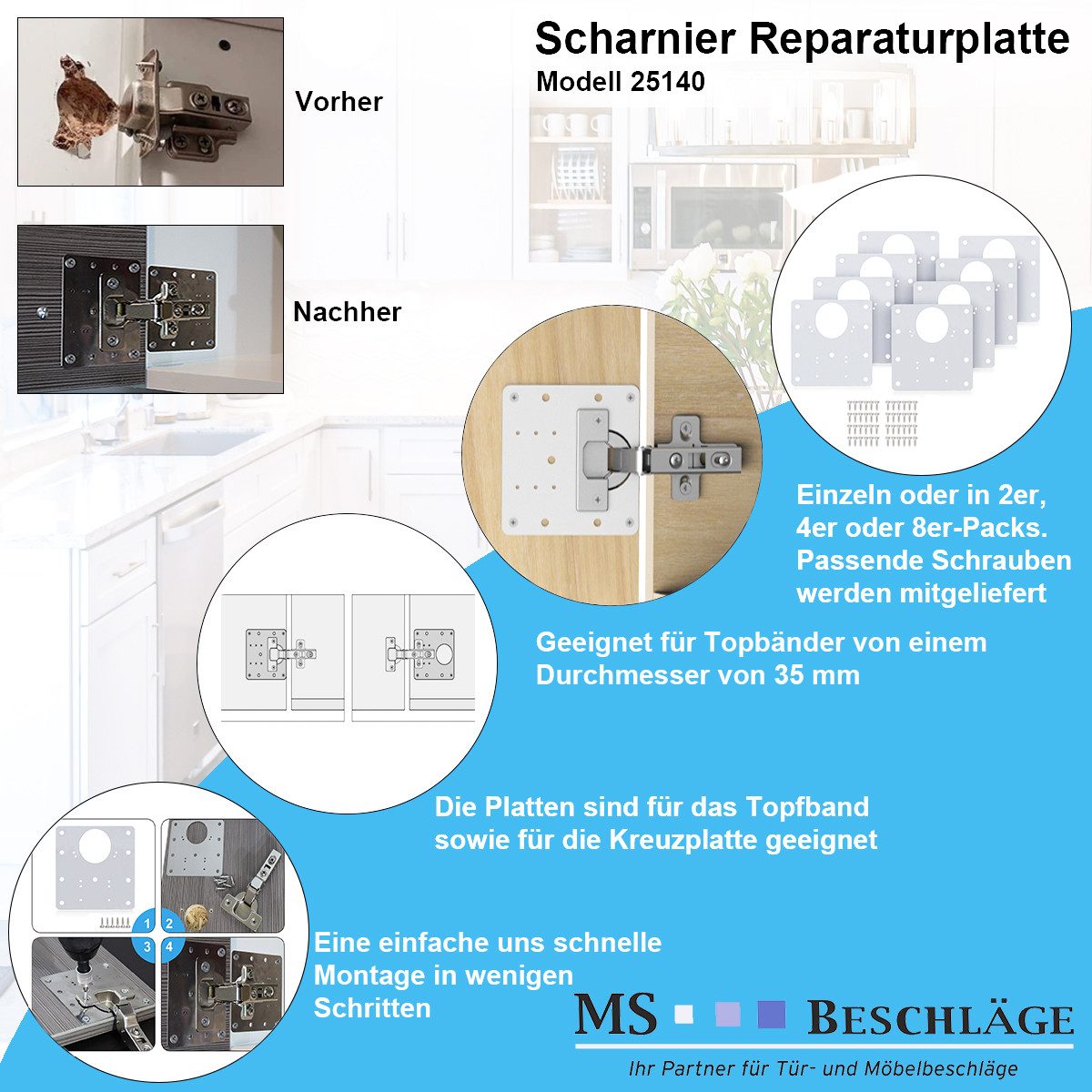 MS Beschläge Möbelbeschlag Schrank Möbel Reparaturplatte Edelstahl 90x90mm (2 St) – Bild 3 von 5