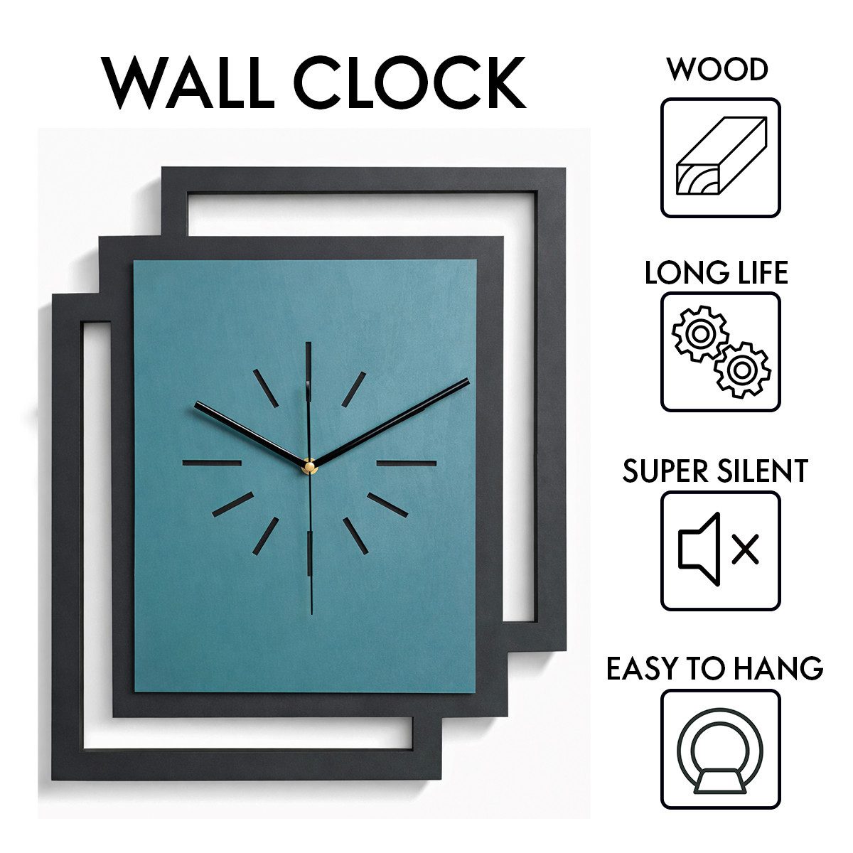 ORNAMENTI Wanduhr Große handgefertigte moderne aus Holz, Hingucker Wanddeko 45 x 55 cm (Rechteckig vertikal ohne Tickgeräusche für Wohnzimmer, ohne Ziffern)