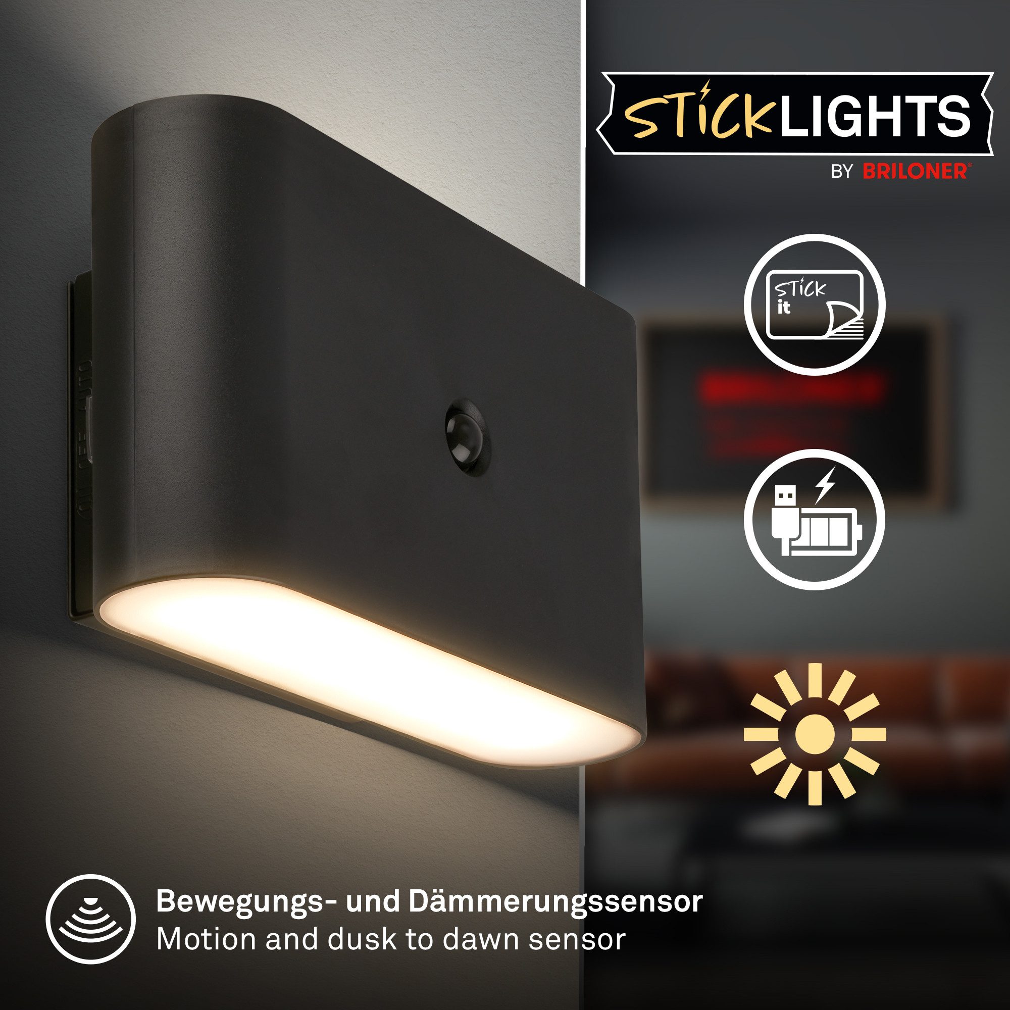 Briloner Leuchten LED Wandleuchte Akku Wandlampe kabellos UP-/Down-Strahler Sensor, LED fest integriert, 3000K, 16 x 9,5 x 6,5 cm Beige Schwarz Weiß 3W ohne Stromanschluss Flur