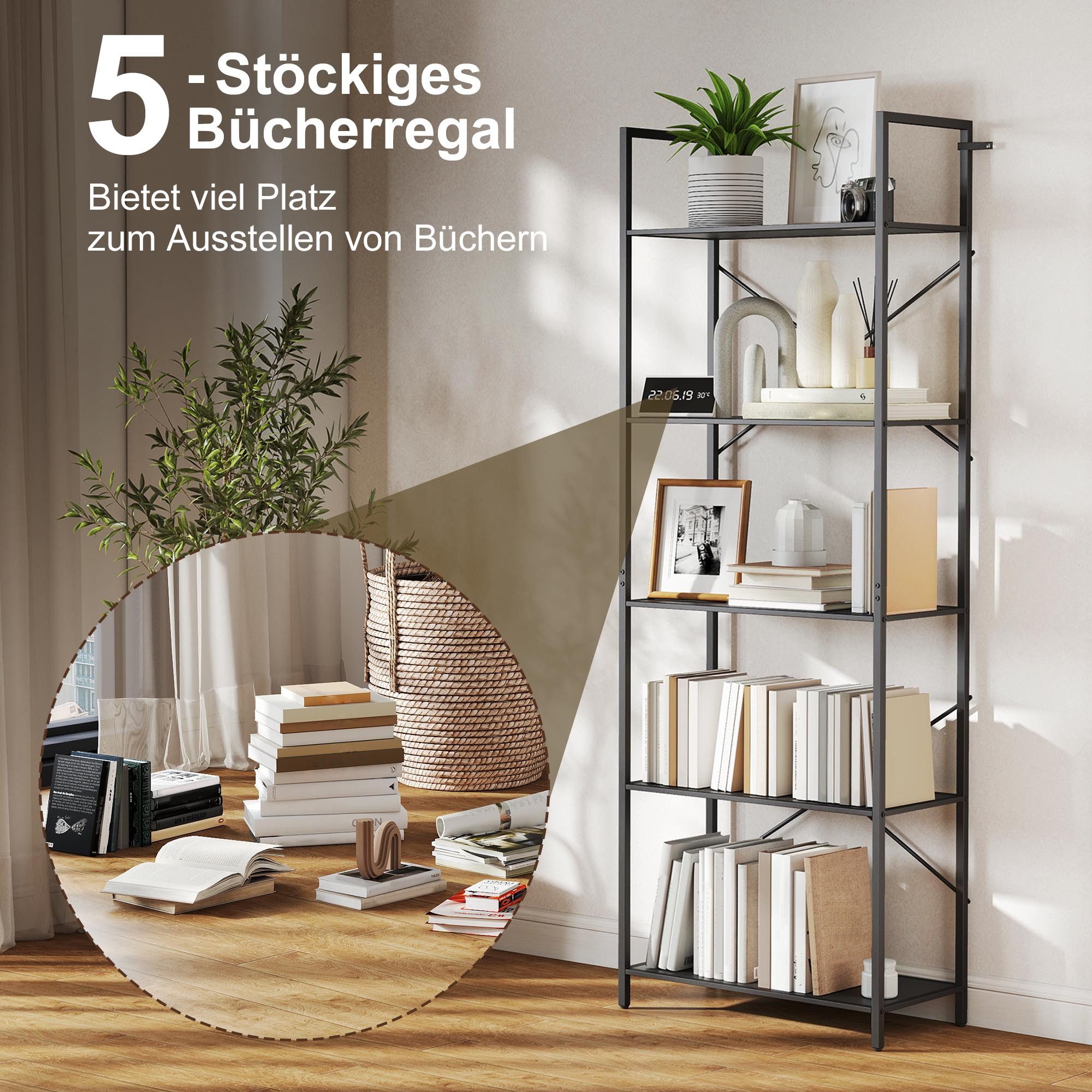 HOMCOM Bücherregal Industrielles Büroregal mit Metallrahmen, offenes Standregal, Standregal mit 5 Ebenen 1-tlg., für Wohnzimmer, Büro, Arbeitszimmer, 60x30x170, – Bild 4 von 5