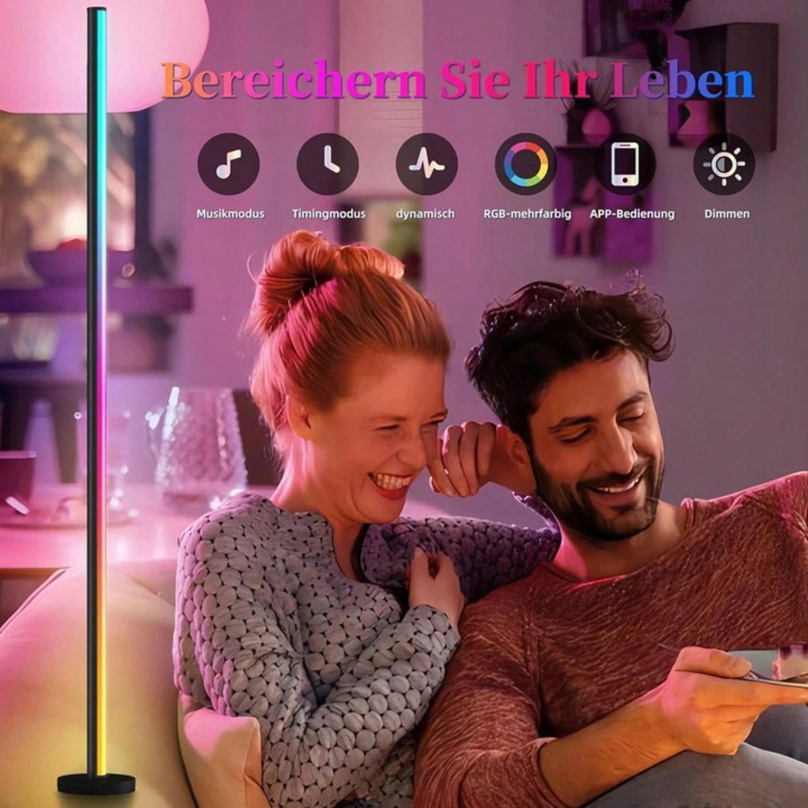 Ophy LED Stehlampe LED Stehleuchte 120 cm – RGB dimmbar, Fernbedienung & App, über 3000 Beleuchtungsmodi, Musikmodus, Timer – für Schlafzimmer & Spielzimmer (Ec – Bild 4 von 5