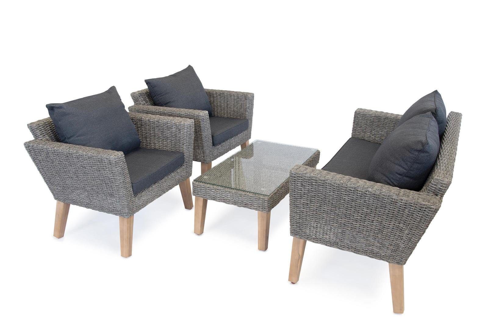 Green Spirit Balkonset »Montecristo« Gartenmöbel Set Rattan Garnitur Outdoor Lounge Gruppe, (Set, 4-tlg., 2x Sessel, 1x 2-Sitzer Gartensofa, 1x Tisch), Polyrattan, grau, 4 Personen, wetterfest, Garten, Terrasse, Balkon