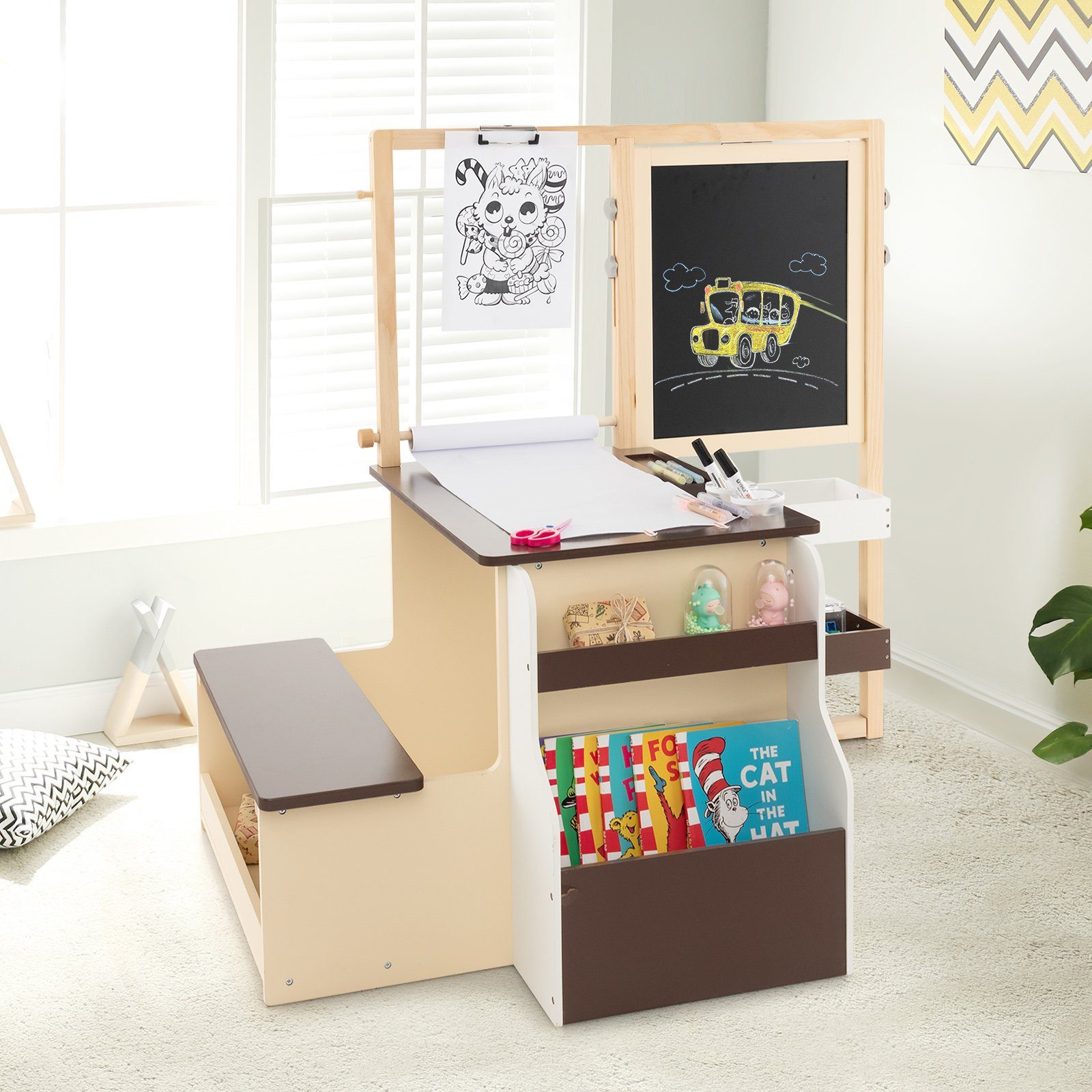 COSTWAY Standtafel 6 in 1 Kinder Staffelei Set, mit Bank