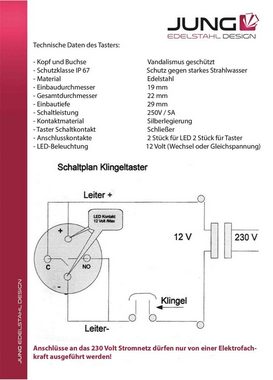 Jung-Edelstahl-Design Türklingel Bochum 1, Unterputz Türklingel aus V2A Edelstahl Klingelplatte Klingelschild Klingel