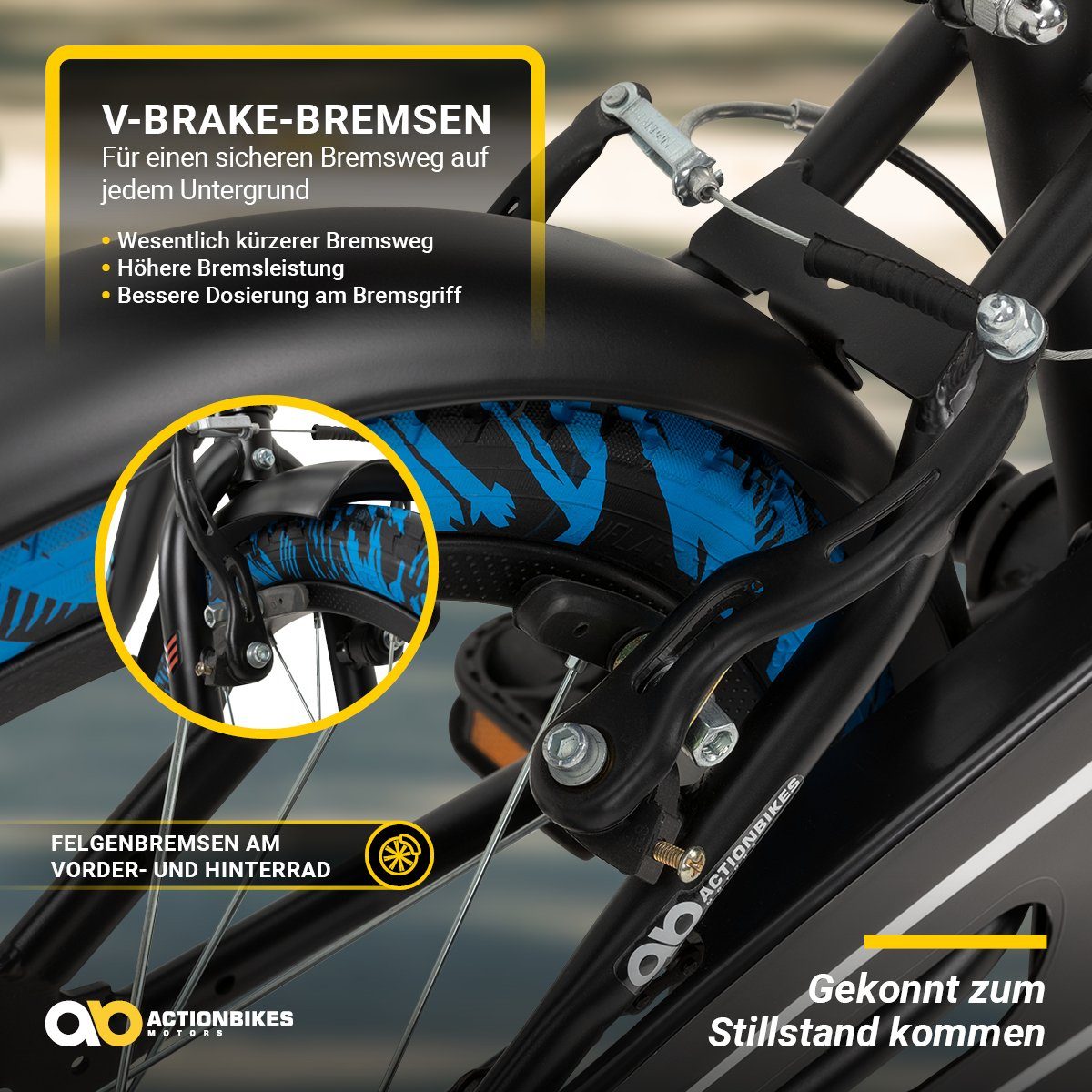 Actionbikes Motors Kids' Bike Cruiser 18 inch - from 5 years, 1 speed, no gears, (trapezoidal frame, V-brakes, max. load 35 kg, black/blue, 1-piece, bell, chain guard, reflectors, cat's eyes, kickstand), height-adjustable bike for boys and girls, children's bike from 110 cm