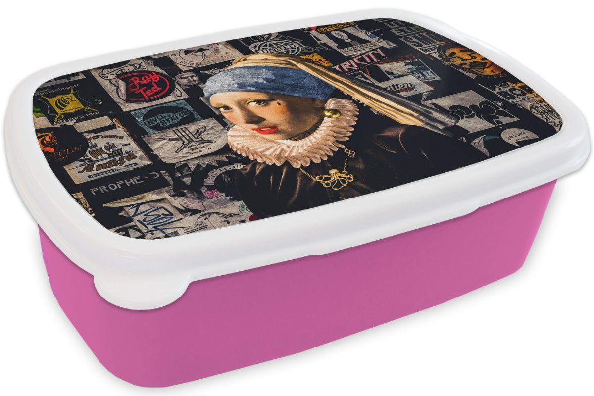 MuchoWow Lunchbox Perlenohrring - mit Brotdose für Mädchen, Brotbox dem - Das Kunststoff, rosa Tätowierung (2-tlg), Erwachsene, Kinder, Mädchen Snackbox, Vermeer, Kunststoff