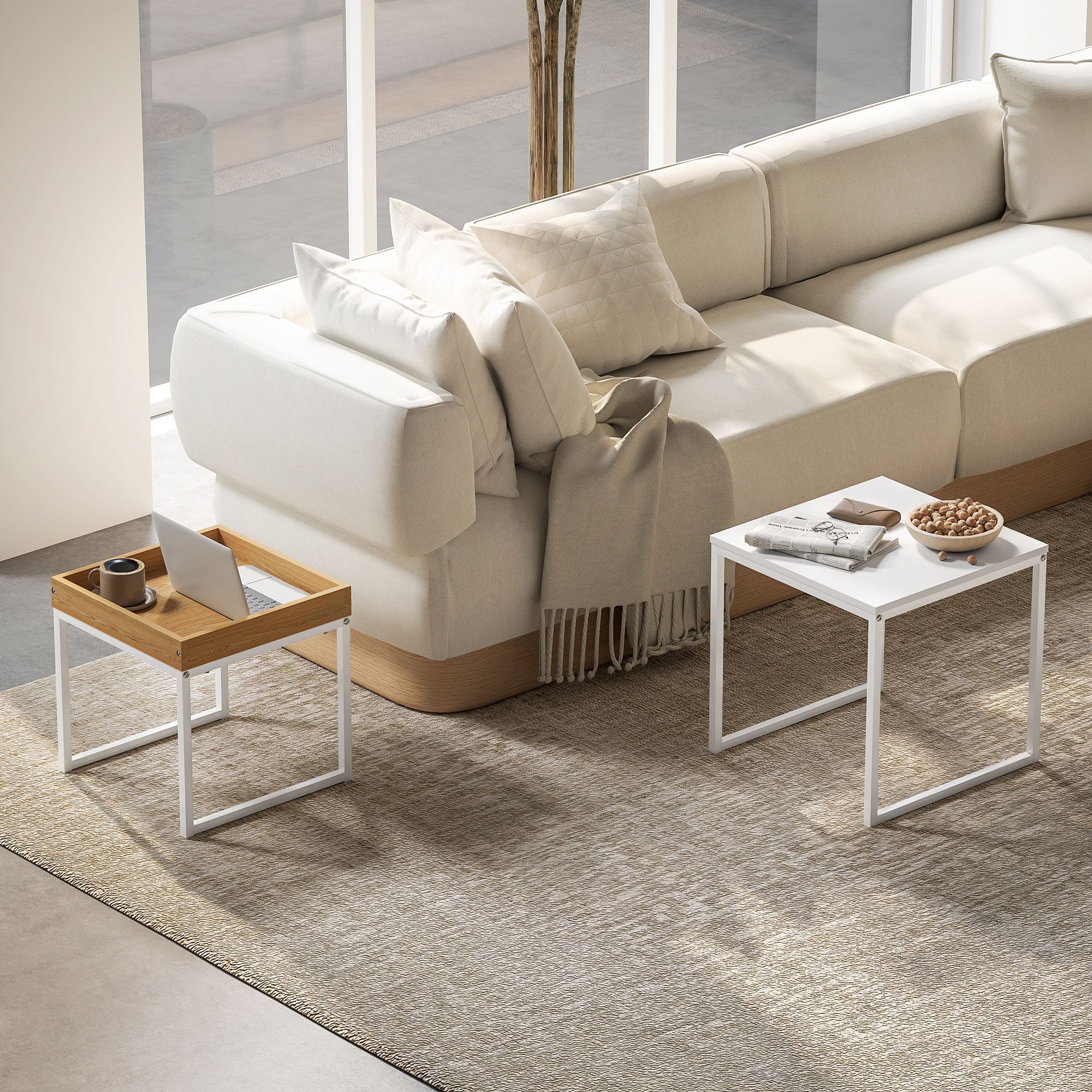 HOMCOM Couchtisch Satztisch mit Abnehmbarem Tablett, Stahlgestell, für Schlafzimmer (Kaffeetisch, 2-St., Eckiger Beistelltisch), für Wohnzimmer, bis 30 kg Belastbar, Weiß+Eiche