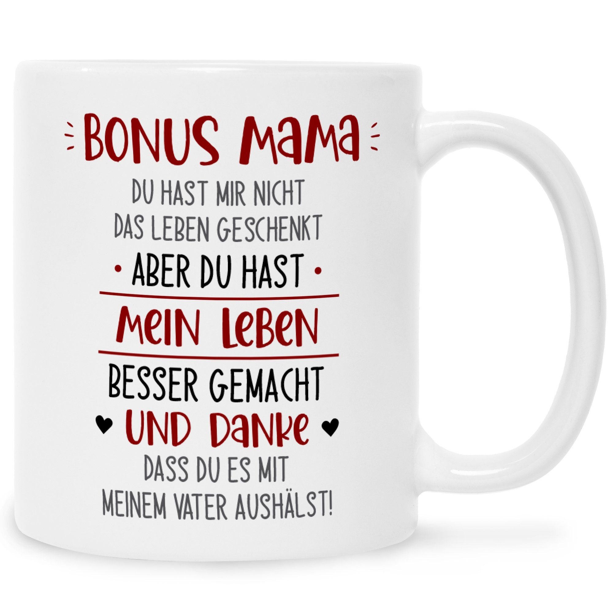 GRAVURZEILE Tasse mit Spruch - Bonus Eltern, Keramik, Farbe: Mama Weiß