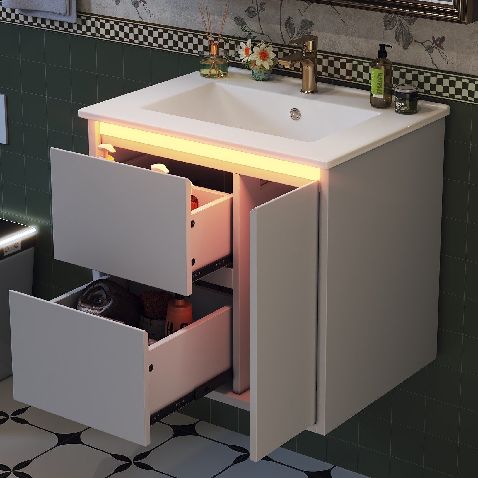 Flieks Waschtisch mit LED-Radarsensor Waschbeckenunterschrank inkl. Waschbecken (wandhängend, Badschrank mit Led-Beleuchtung Waschplatz Badezimmer, 1-St., B61xT46,5/H57 cm), Badmöbel-Set Badzimmerschrank mit 2 Schubladen Volllackierung Weiß