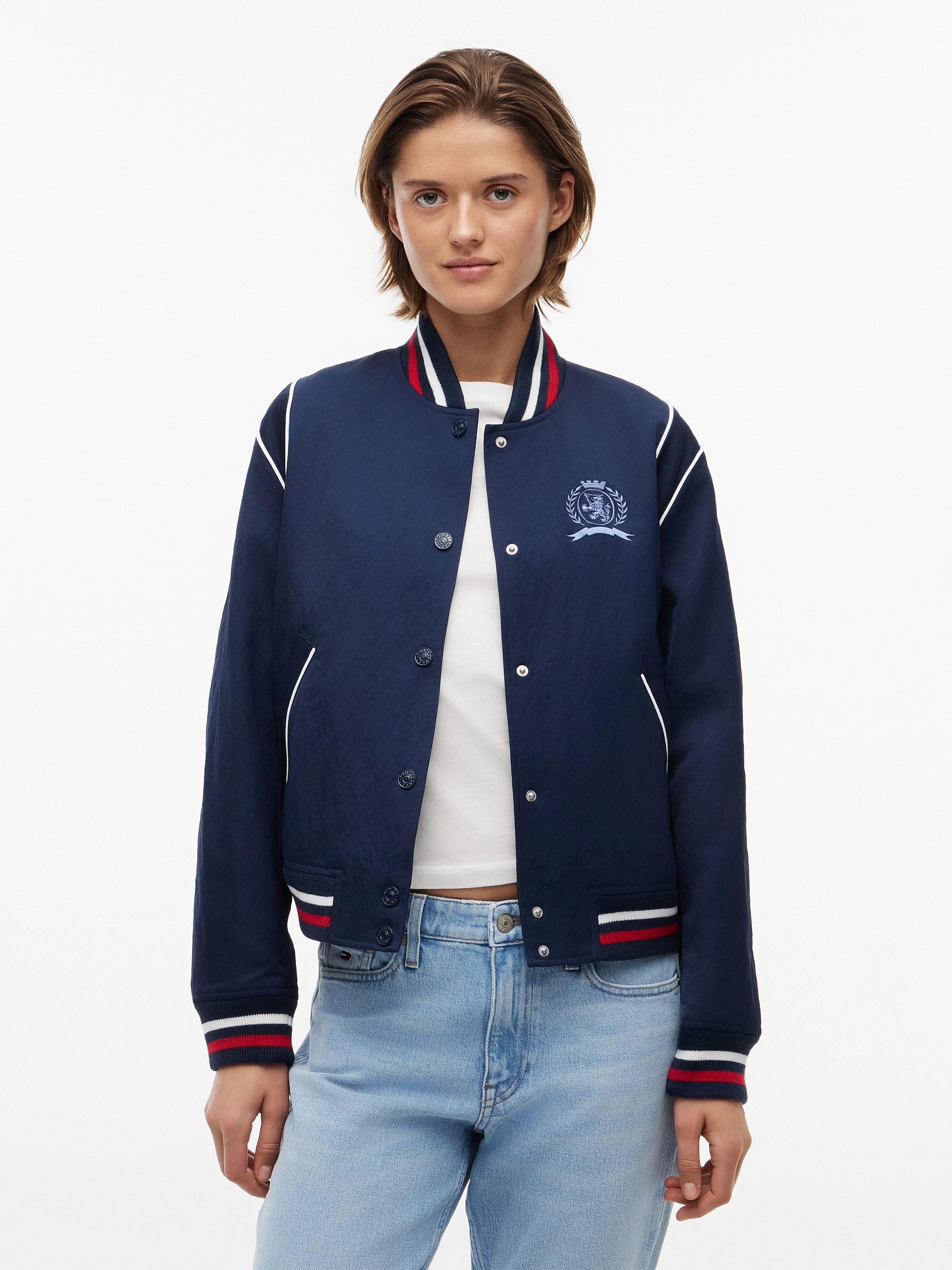Tommy Jeans Collegejacke TJW CREST VARSITY JACKET Kunstfaser, Baseball-Kragen, im College Stil