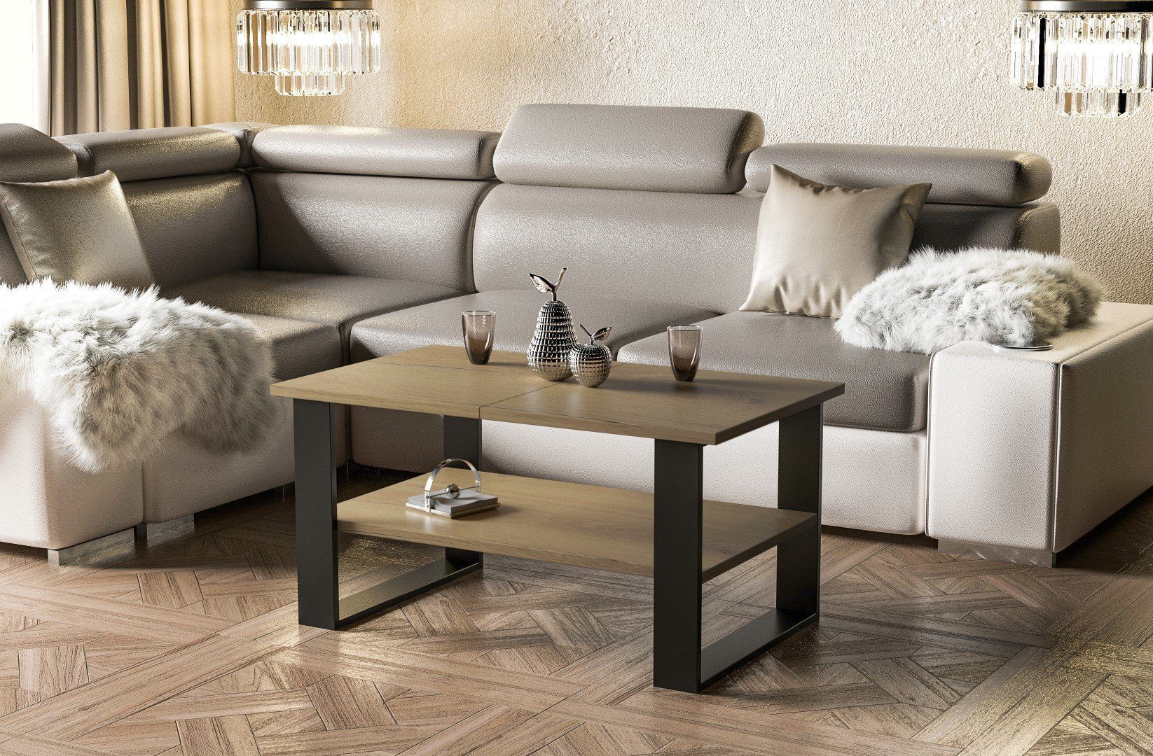 Endo-Moebel Couchtisch Inga 110/65/53 cm Wohnzimmertisch Metallkufen schwarz
