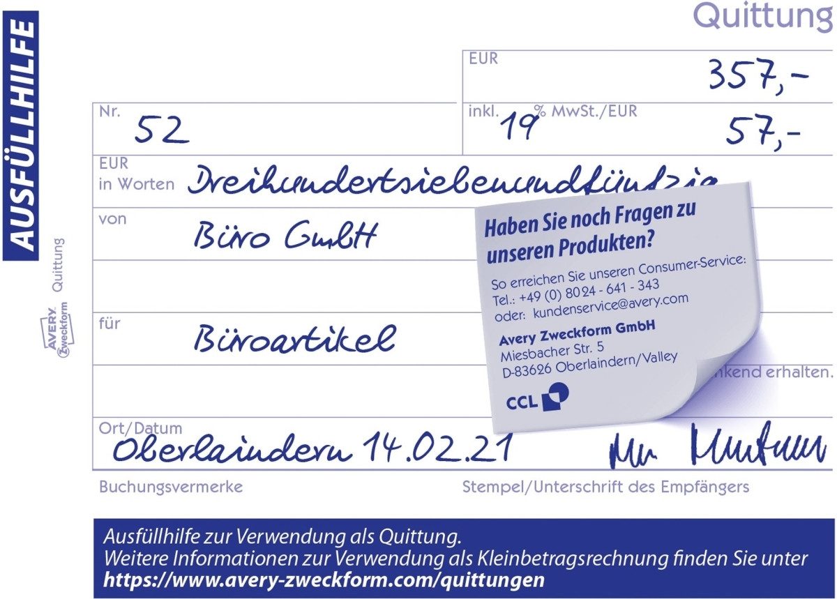 Formularblock Quittung inkl. MwSt. A6 quer RC 100 Blatt