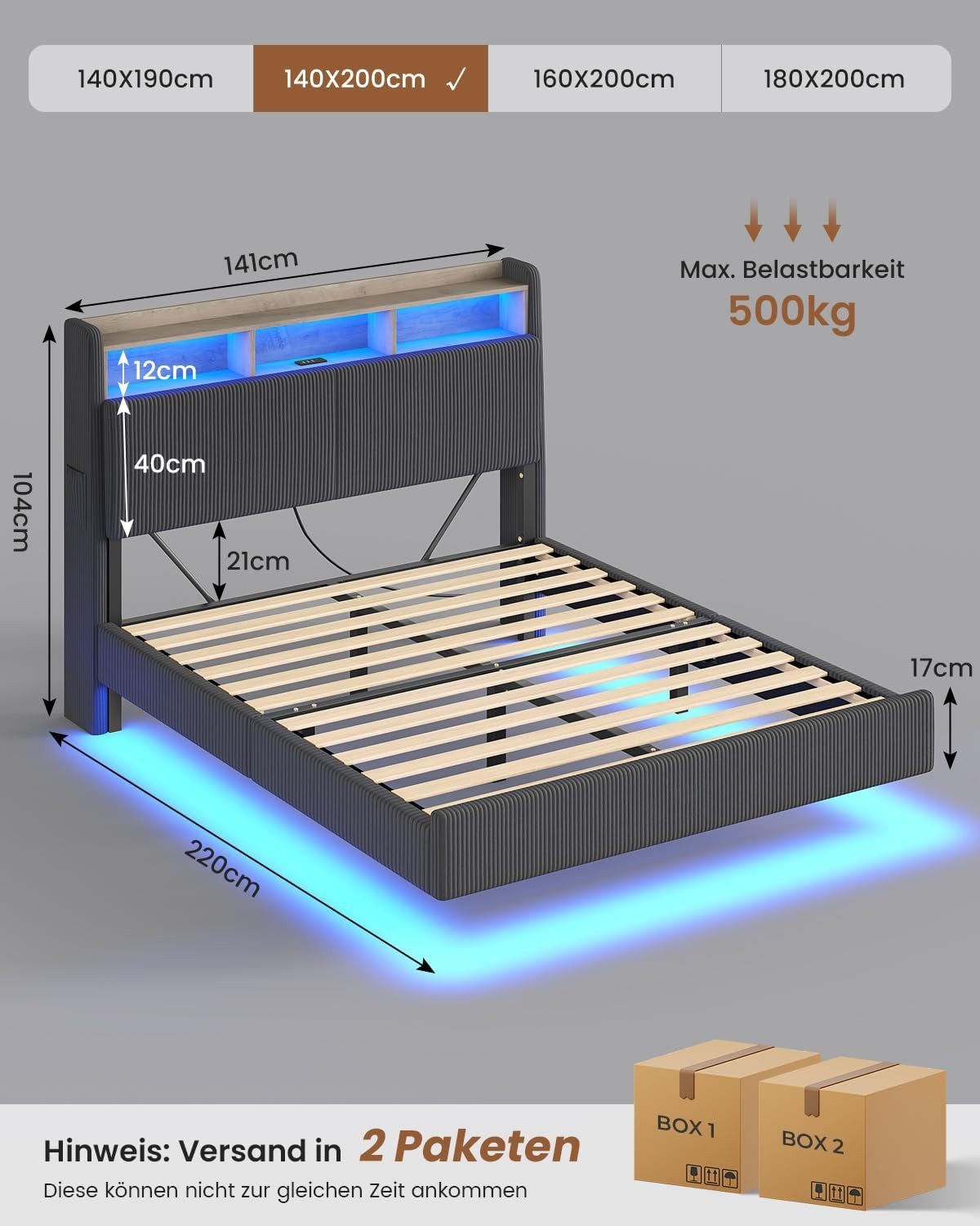 MSMASK Polsterbett Schwebebett mit 270°-LED-Beleuchtung, USB & Type-C Ladestation (Ohne Matratze), Doppelbett mit Stauraum-Kopfteil 140x200 cm – Bild 2 von 5