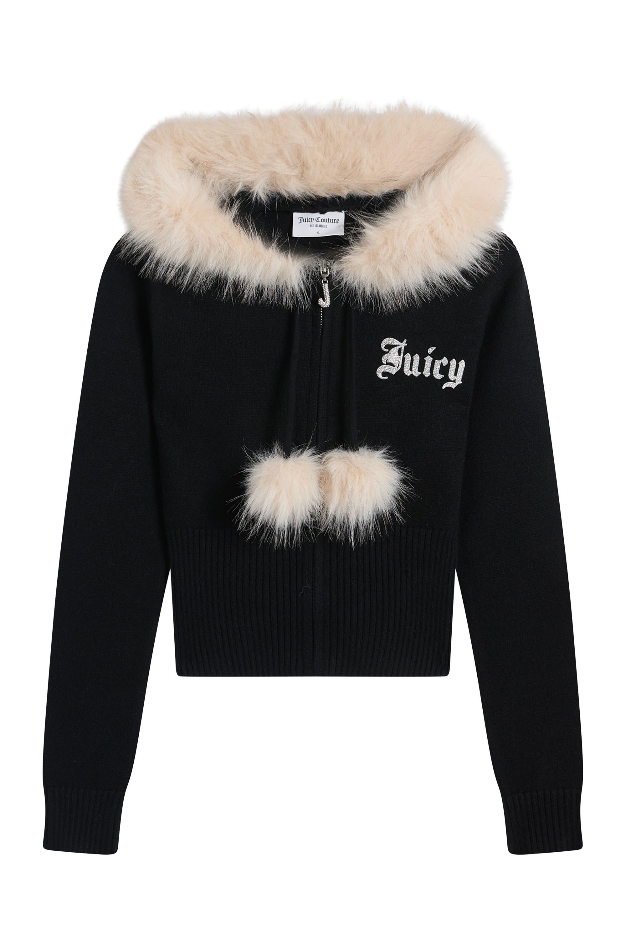 Juicy Couture Kapuzennickijacke KNIT HOODIE WITH REMOVABLE FUR Damen Trainingsjacke Damen, Sweatjacke mit Kapuze, Strick, Kunstpelz, Sale