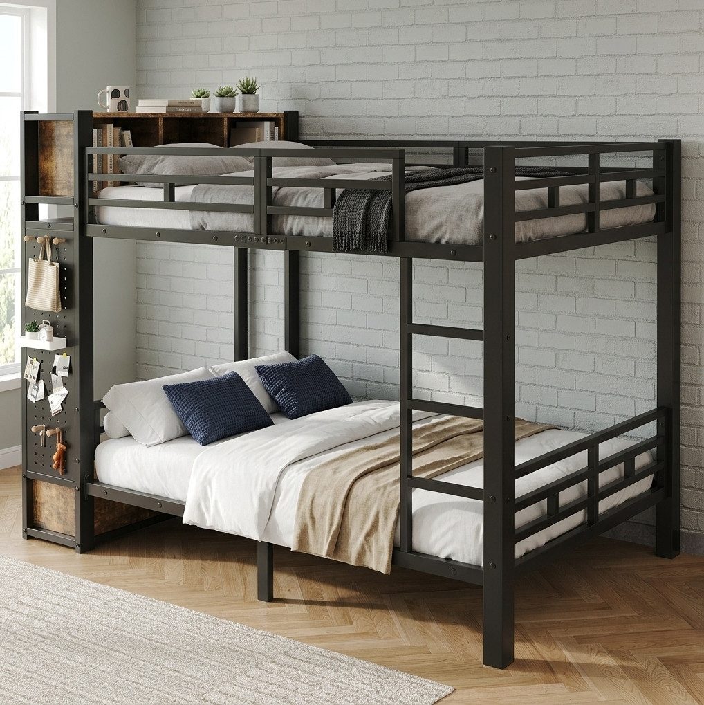 MODFU Etagenbett Kinderbett, offenen Fächern, Kleiderstange und Schublade (120x200 cm Metallbett mit stabilem Metallrahmen, Stauraumlösung, Jugendbett Funktionsbett), ohne Matratze