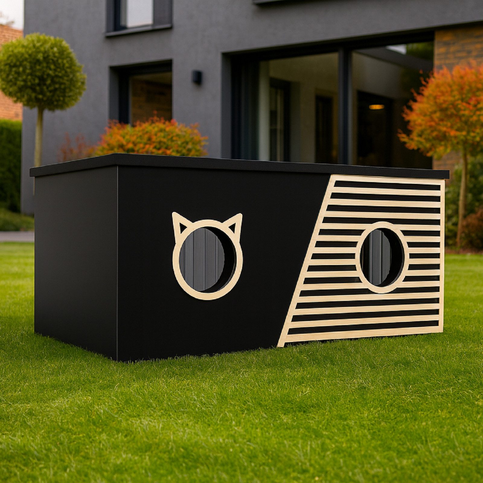 QLS Katzenhaus Outdoor XXL 85x45x37,5 cm mit Vorhang, Schutz, Wärme und Komfort – das ganze Jahr über