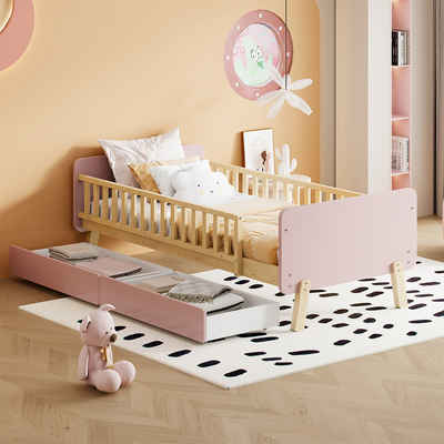 Fangqi Kinderbett Kinderbett, Massivholz Einzelbett mit 2 Schubladen, Rosa/Weiß (Fallschutzschienen auf beiden Seiten des Bettes), Ohne Matratze