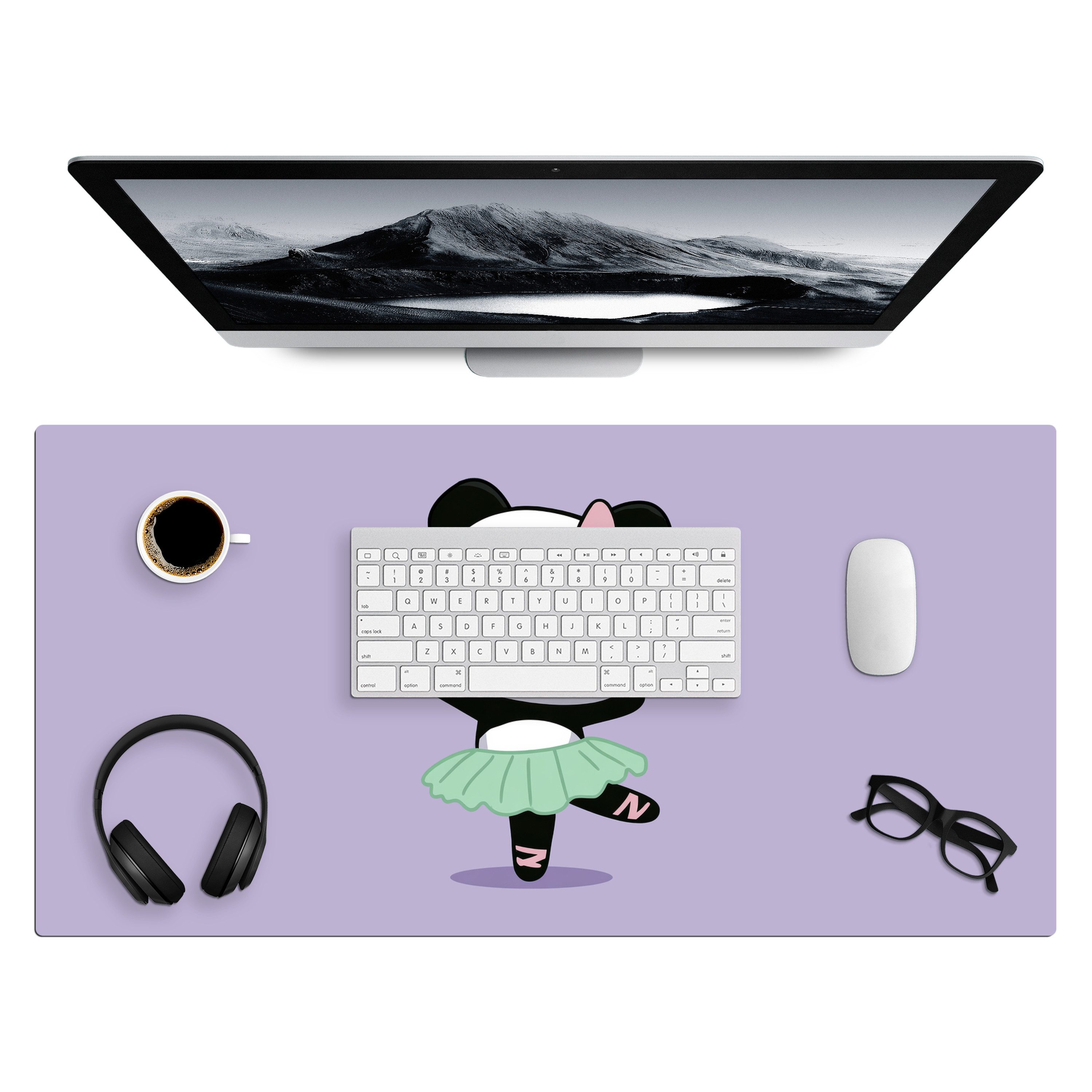 MuchoWow Gaming Mauspad Panda - Lila - Verschnörkelt - Kawaii (1-St), Gaming Mauspad XXL, Schreibtischunterlage, Desk Mat Groß, 80x40 cm