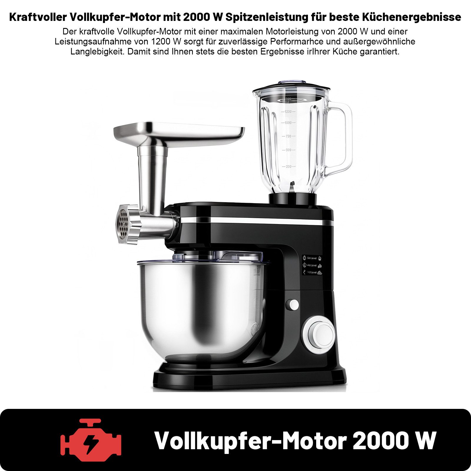 oyajia Küchenmaschine 3 in 1 Multifunktionale Knetmaschine 6-stufige Gescheindigkeit Mixer, mit Fleischwolf, 1.5L Saftpresse, 6L Edelstahlschüssel, 2000 W, 6 l Schüssel