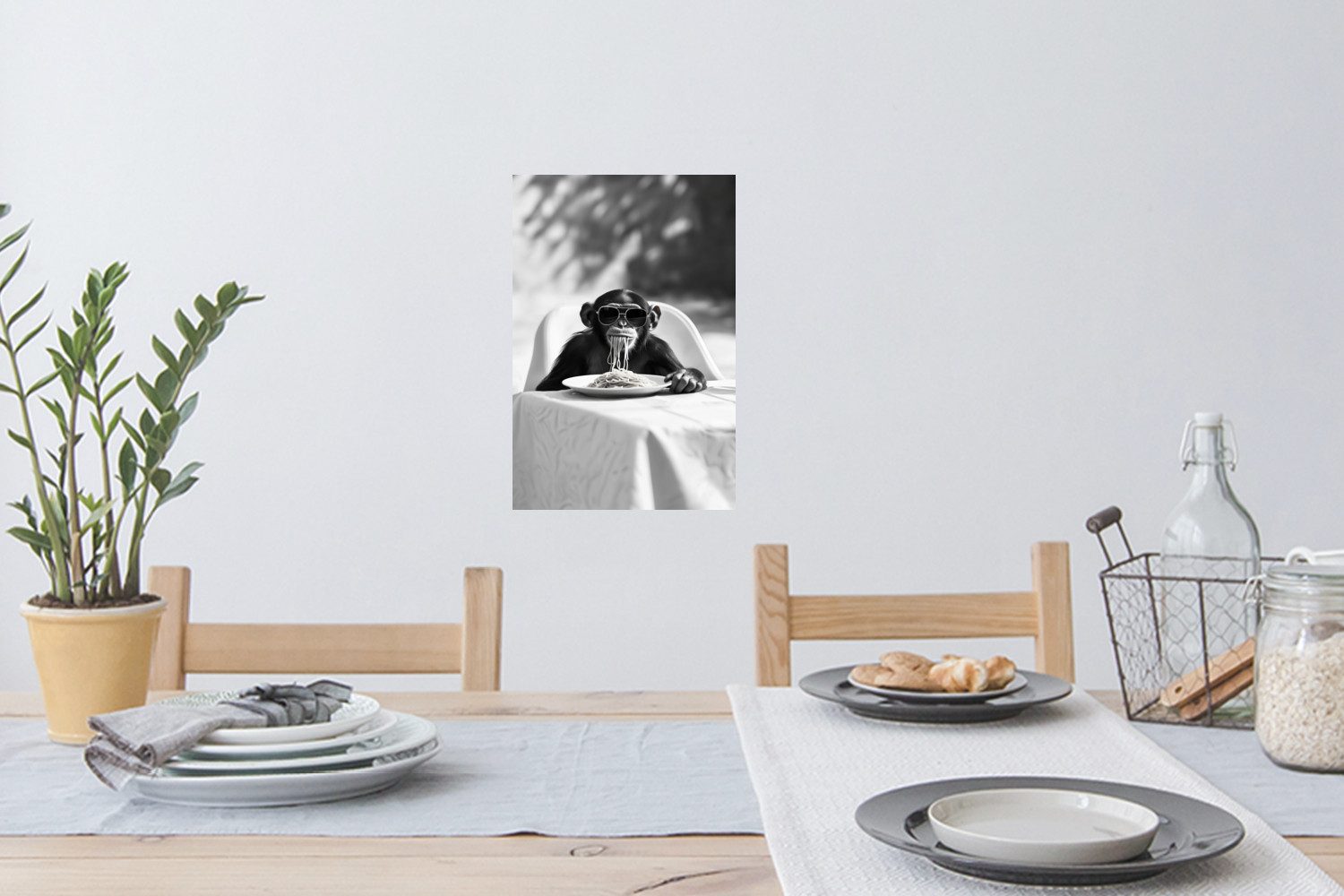 MuchoWow Wandsticker Affe - Spaghetti - Sonnenbrille - Schwarz und weiß - Cool - Tier (1 St), Wandaufkleber, Selbstklebend, Wohnzimmer, 20x30 cm