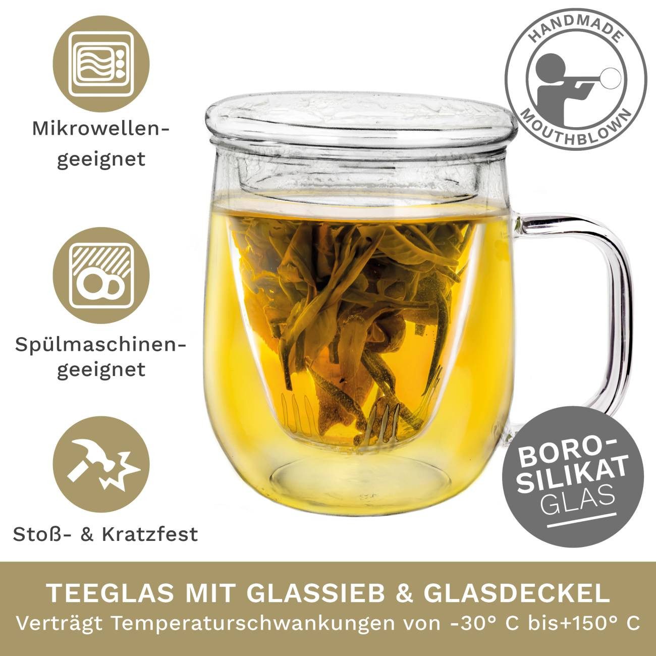 Creano Teeglas Creano Teeglas 450ml - mit Sieb und Deckel aus Glas – Bild 2 von 5