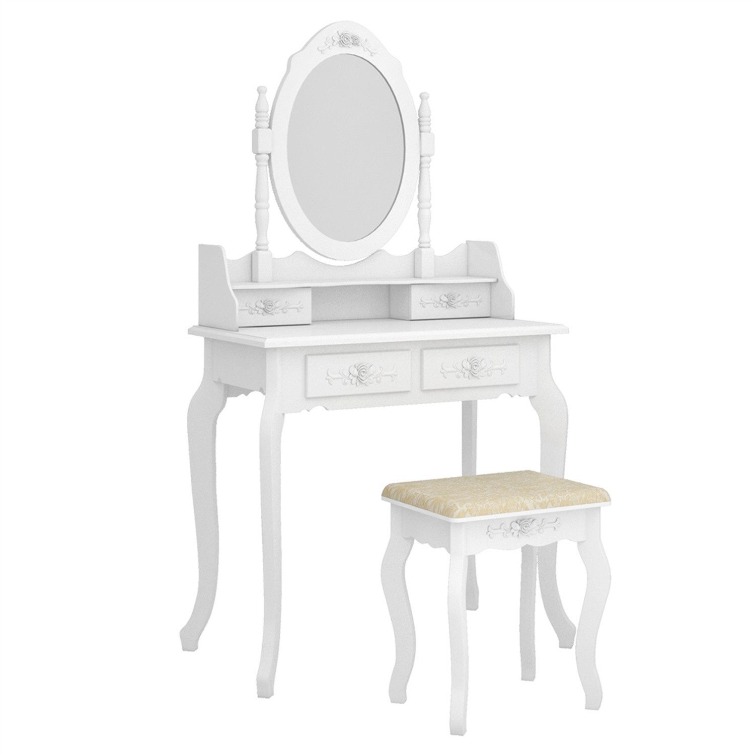 Schminktisch Schminktisch mit Hocker, 360° Drehbarem Spiegel, 4 Schubladen