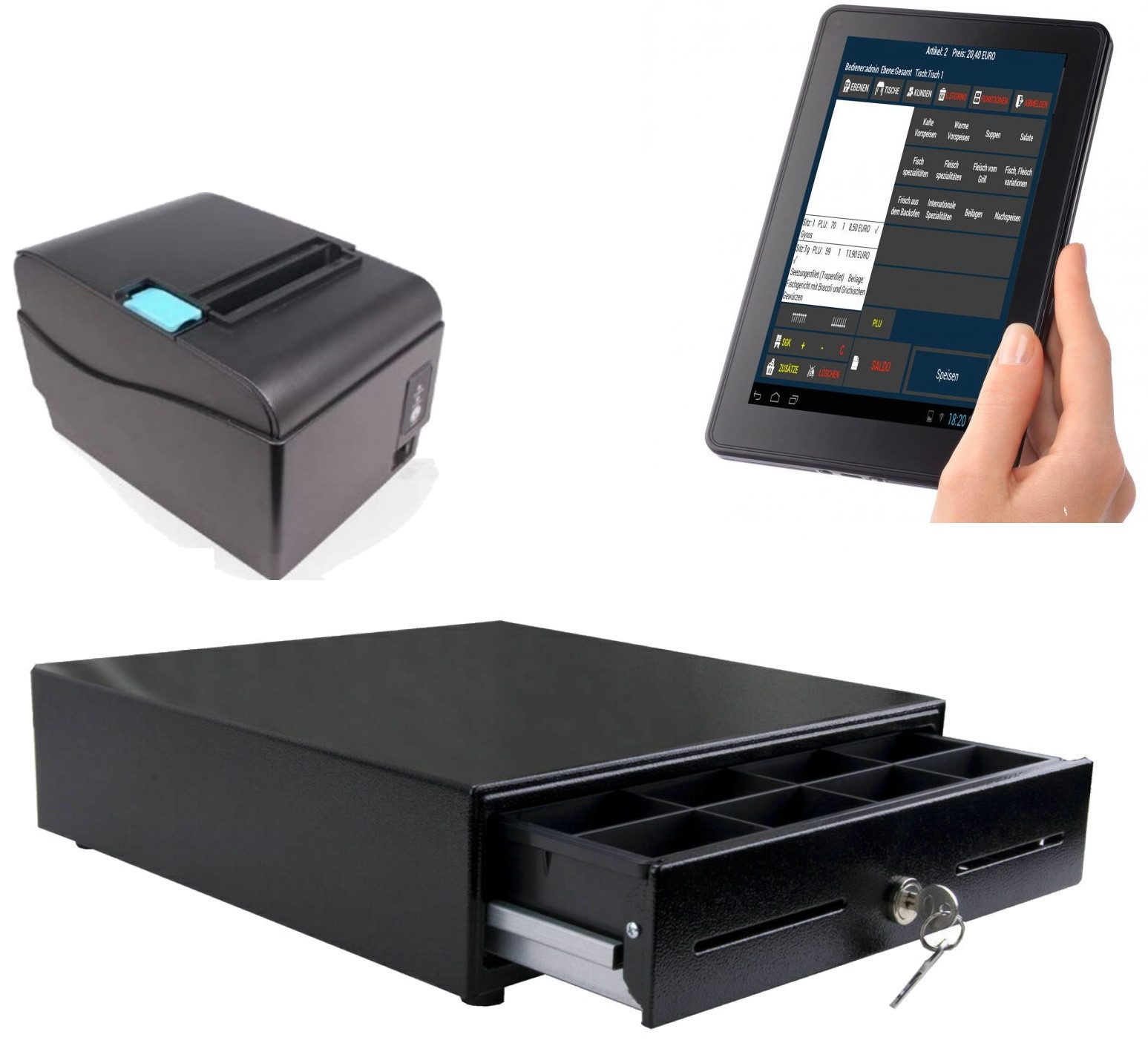 BlitzKasse Kassensystem Mobile Kasse für Gastronomie: 10'' Bestellterminal Drucker Kassenlade