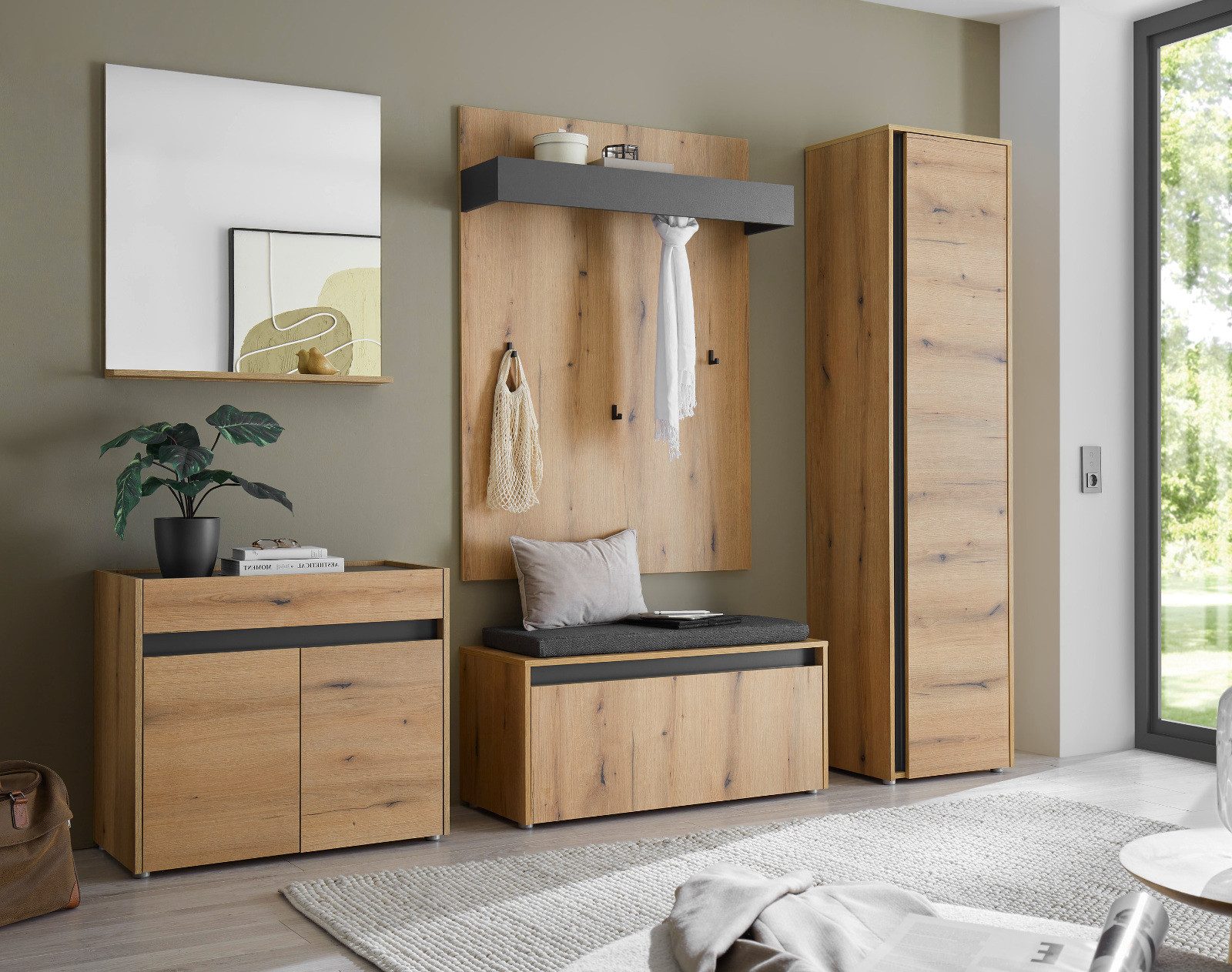 Furn.Design Garderoben-Set Center, (Komplett-Set in Eiche mit Grau, 6-teilig, 260 x 200 cm), mit viel Stauraum, inkl. Kissen