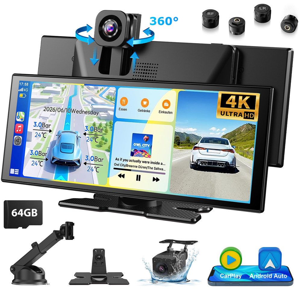 ESSGOO 4K 11,3“ Android Auto 360° Dashcam mit Rückfahrkamera Spiegel Dashcam (HD, Tragbar Autoradio Rückfahrkamera IPS Touchscreen GPS Navi FM AUX)