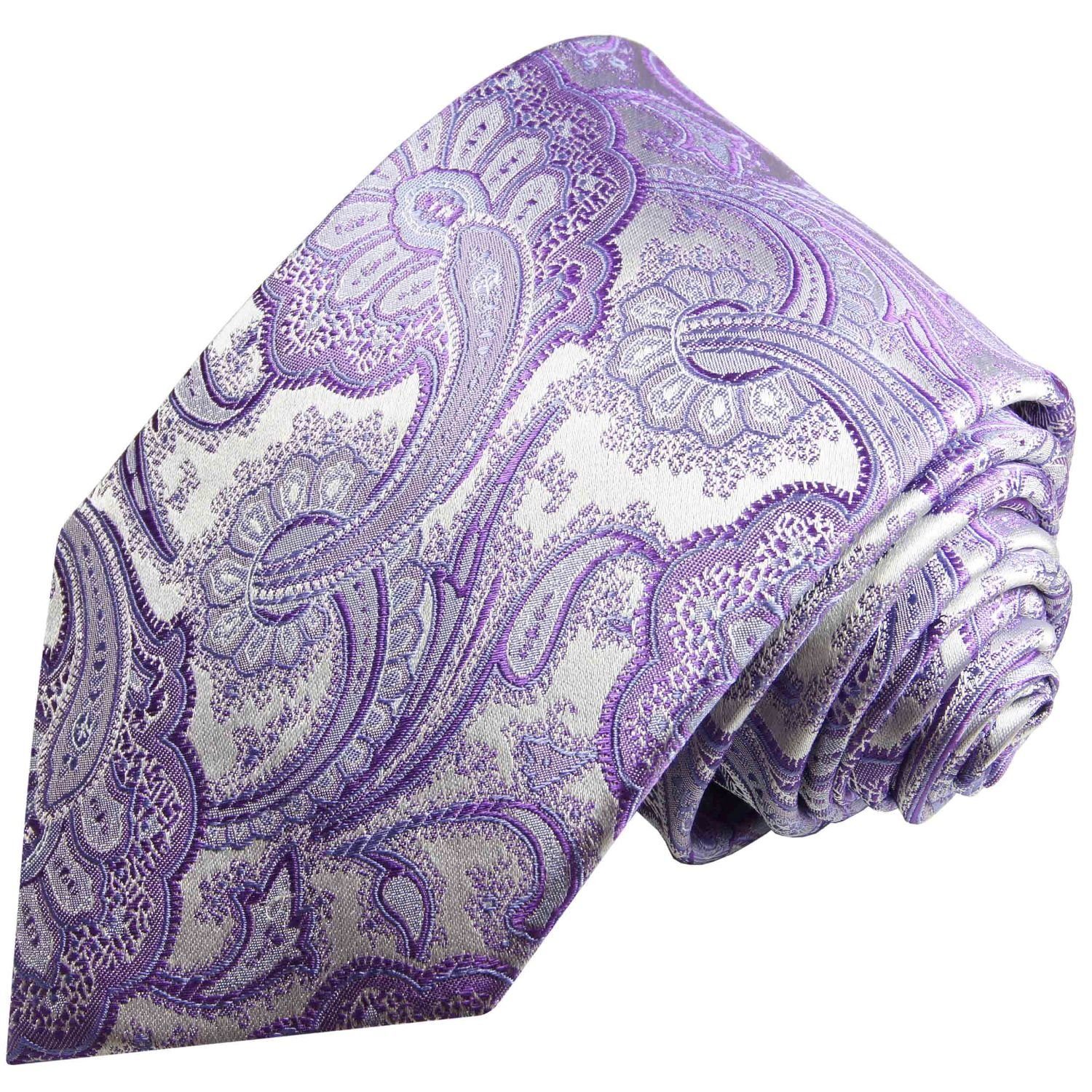 100% Paul Herren Breit paisley silber (8cm), Schlips Seidenkrawatte Malone Krawatte lila flieder 372 Seide brokat Elegante