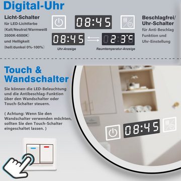duschspa Badspiegel Runder Spiegel mit Schwarz Rahmen 60/70/80cm Badezimmerspiegel, Warm/Neutral/Kaltweiß, dimmbar, Memory, Beschlagfrei