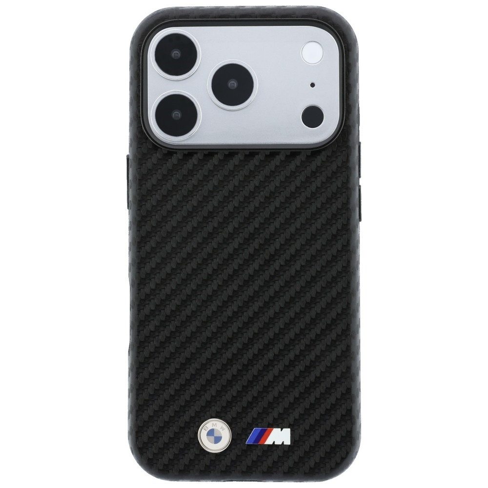 BMW Smartphone-Hülle M Carbon Metal Logo kompatibel mit iPhone 18 Pro, 17 Pro Schwarz 6,3 Zoll, metallisches BMW Logo