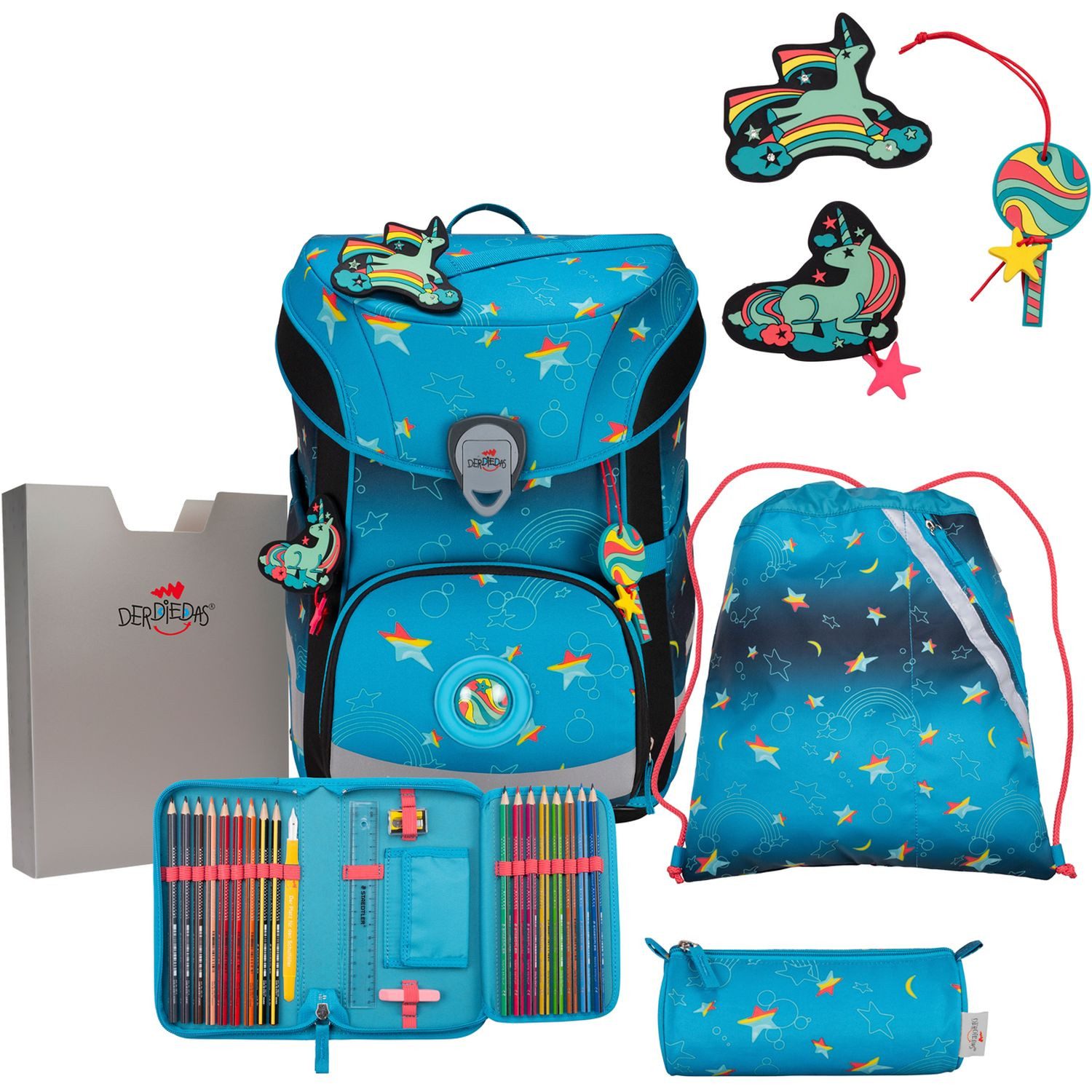DerDieDas® Schulranzen Schulranzen Set 5-tlg. ErgoFlex Easy LED Rainbow Star