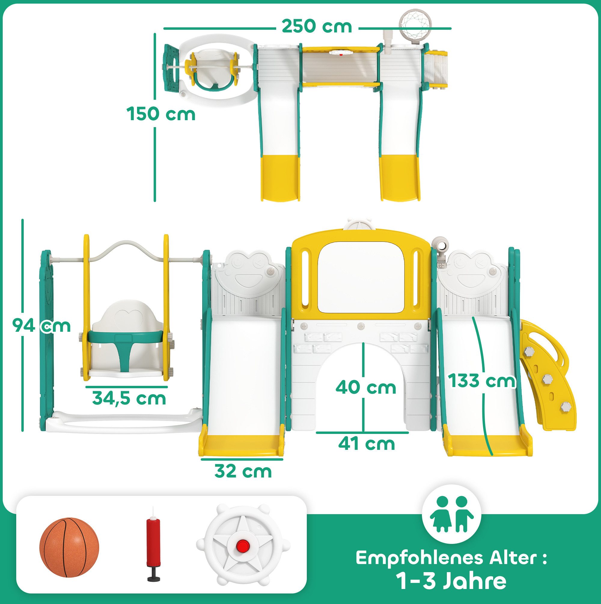 AIYAPLAY Rutsche Klettergerüst 9 in 1 Babyrutsche mit Basketballkorb, Tunnel, (Spielplatz, 1-tlg., 9 in 1 Kleinkind Rutsche), Froschmotiv Indoor Outdoor für 1-3 Jahre
