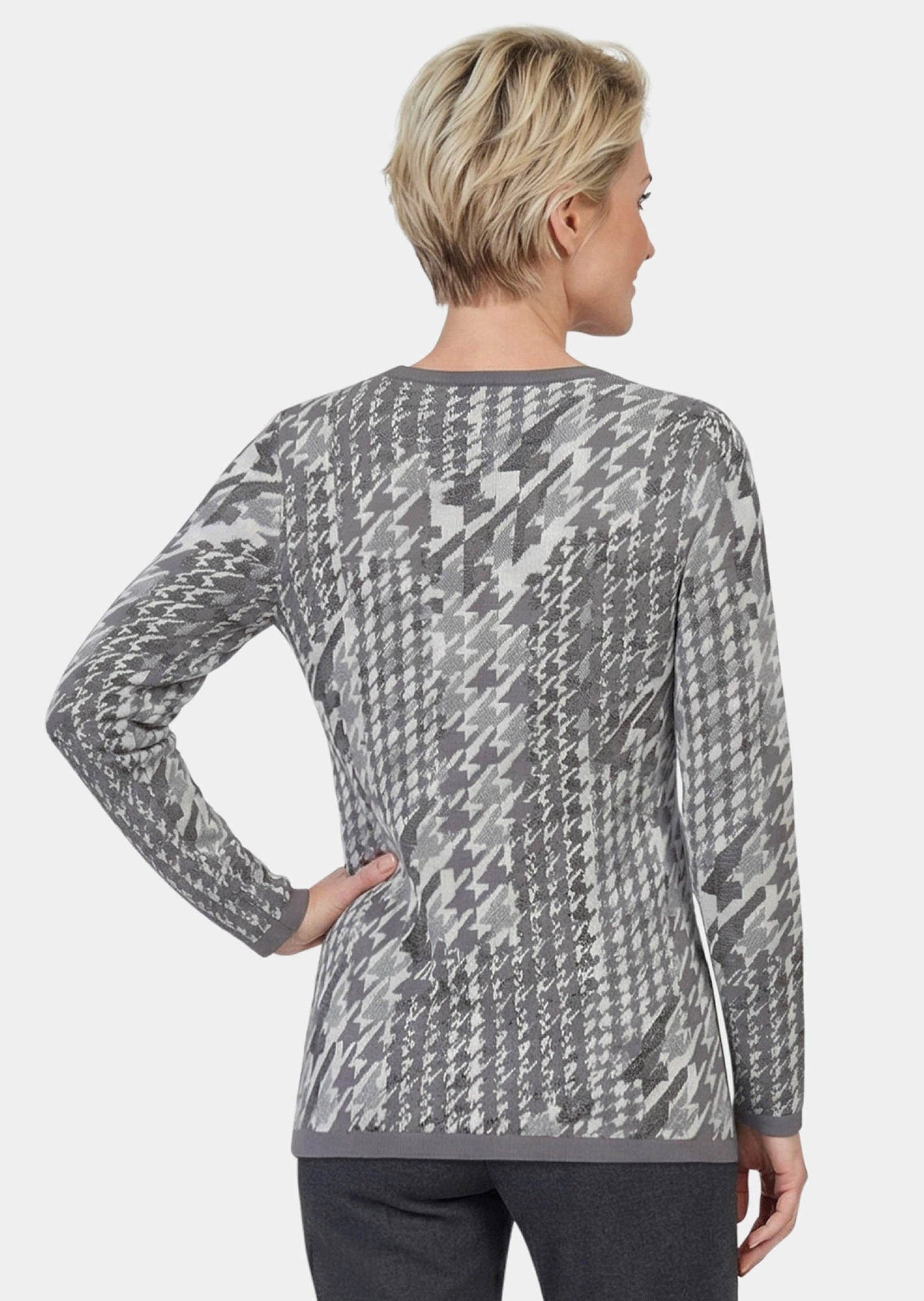 GOLDNER Print-Shirt Kurzgröße: Hahnentrittpullover mit Glanz Weicher Strickpullover aus Baumwolle und Viskose mit Rundhals