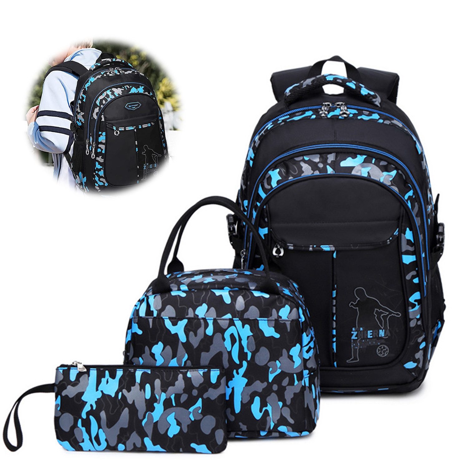 RWEUOQ Schulrucksack Schulrucksack-Set Jungen Teenager Schwarz und Blau (3-tlg), Schulranzen, Schlamperetui, Turnbeutel