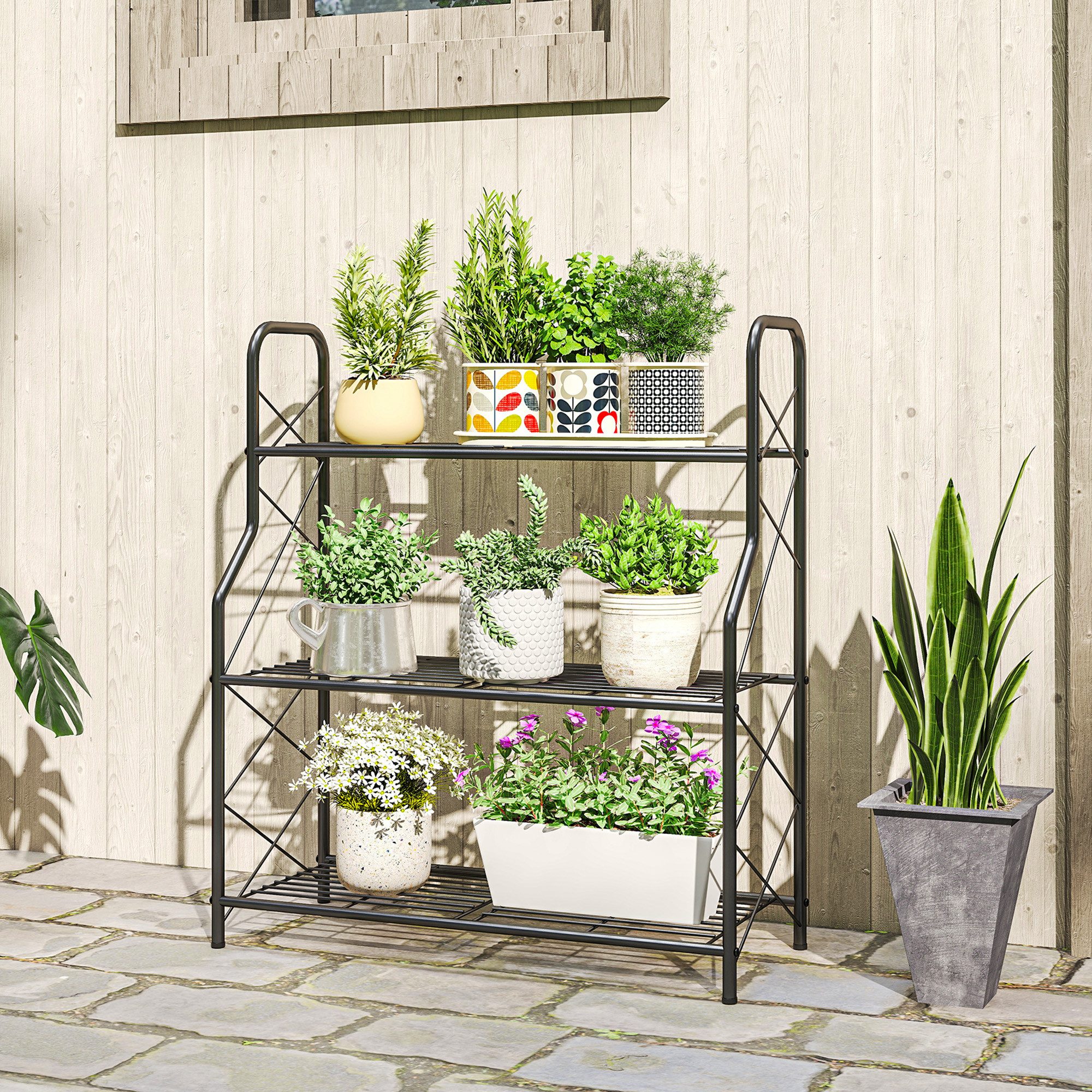Outsunny Pflanzentreppe mit Griffe (Blumenständer, 1 St., Pflanzenständer), für Garten Balkon Deko, Schwarz