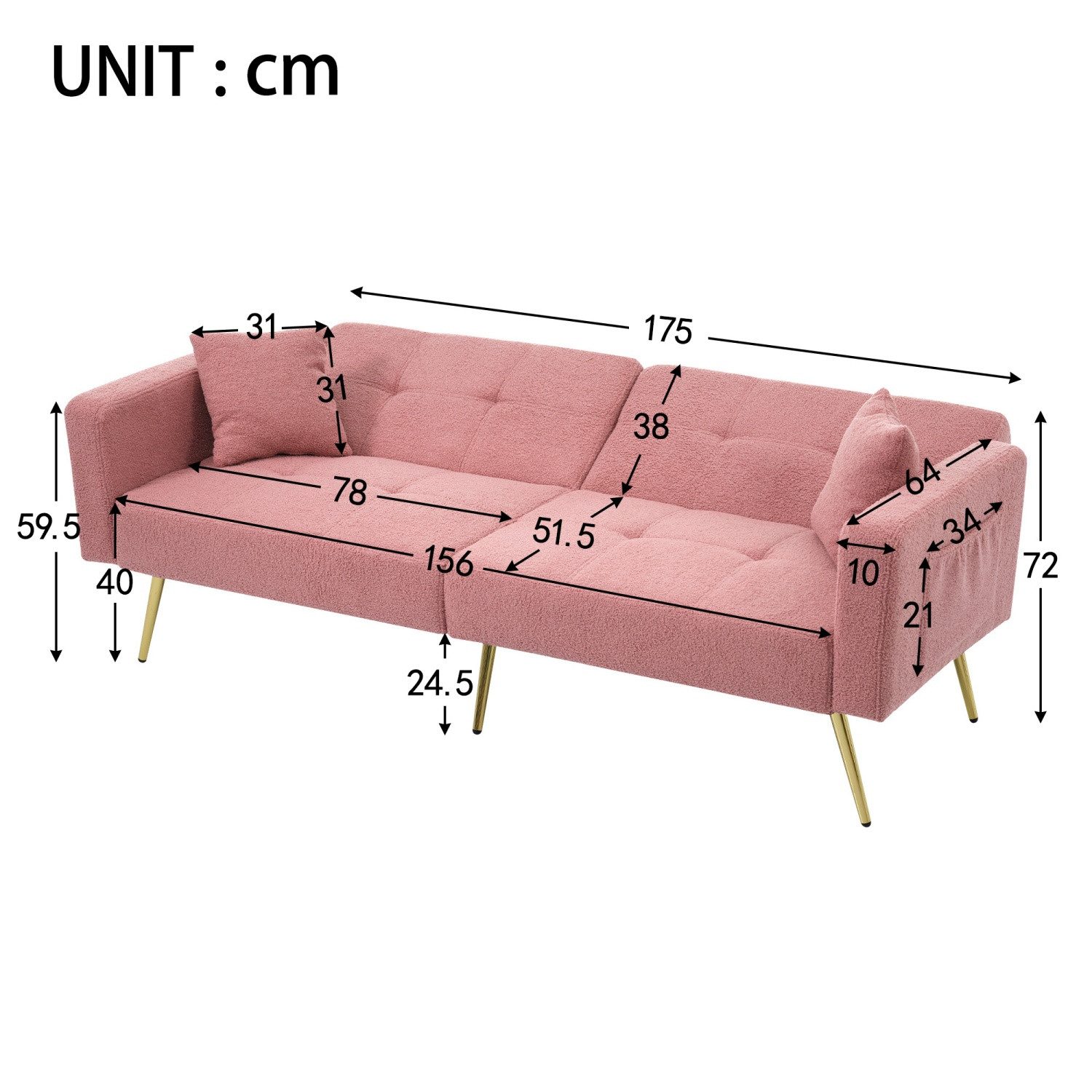 ANYSUN Schlafsofa Zweisitzer Schlafsofa verstellbarem Winkel Ecksofa mit Bettfunktion, Schlafsofa mit Bettfunktion, verstellbarem Winkel, Klappsofa,Gästebett,mit Kissen und seitlichen Aufbewahrungstaschen